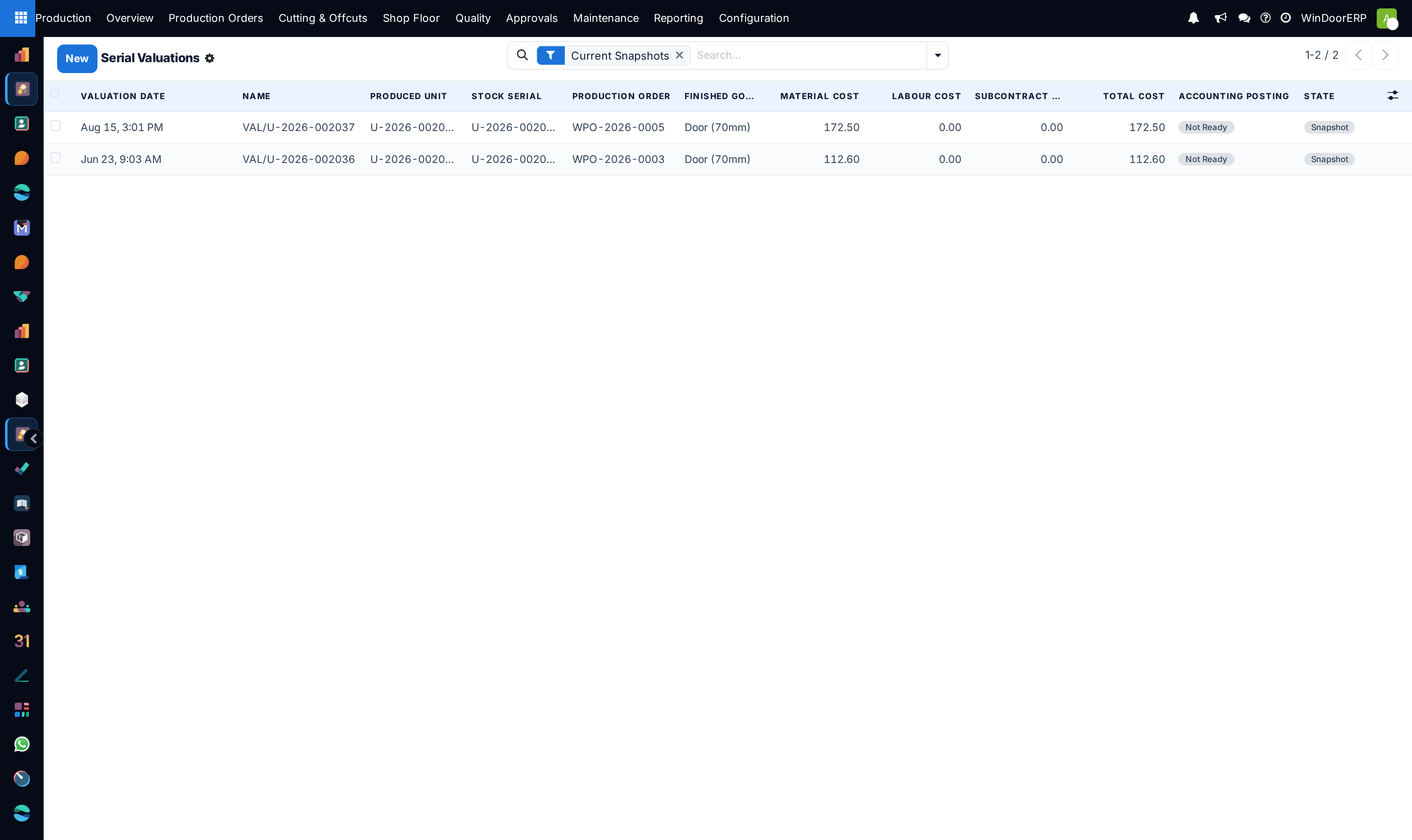 Serial valuations list displaying unit material cost, labor cost, and total WIP value