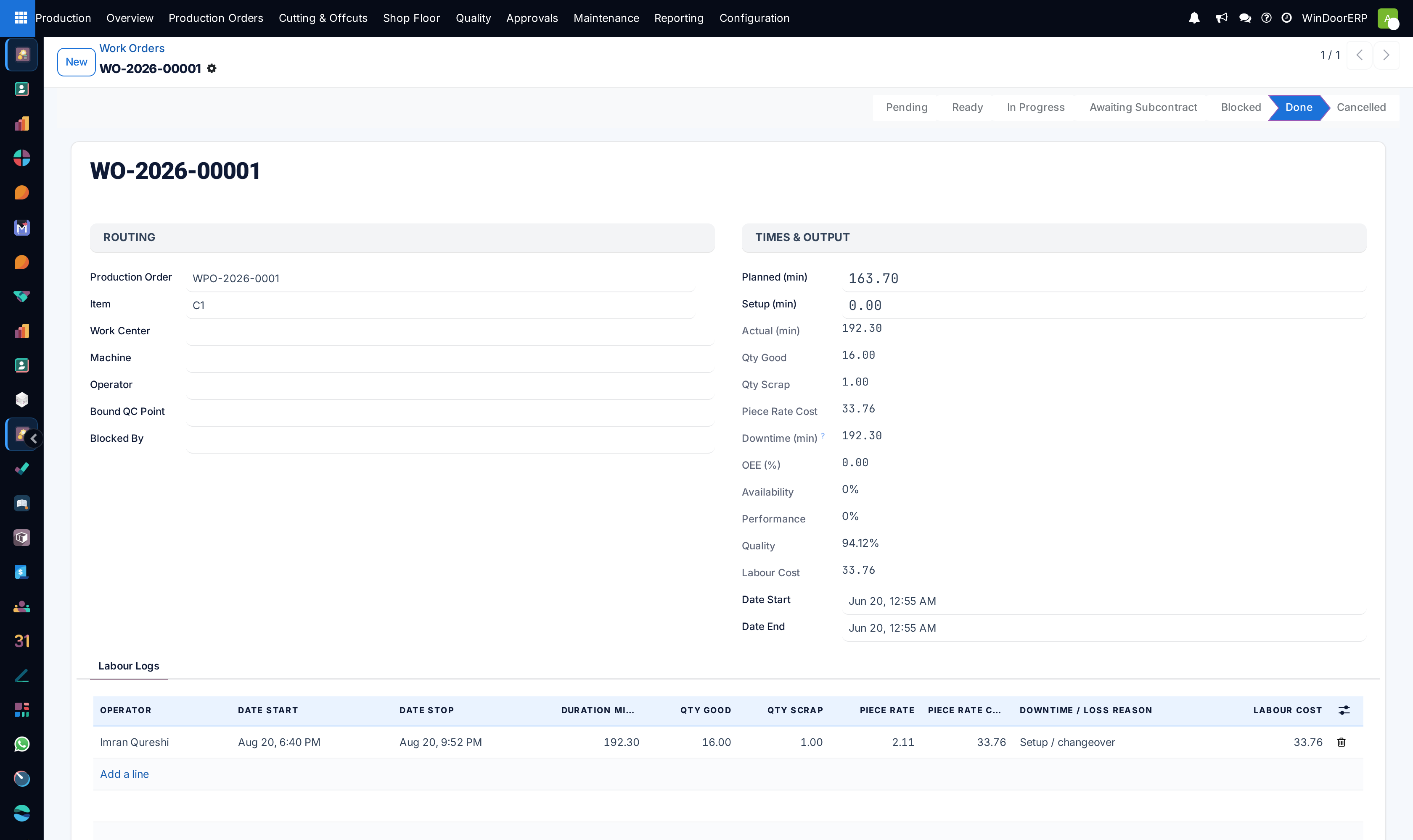 Work order detail form with timer controls and component consumption lines