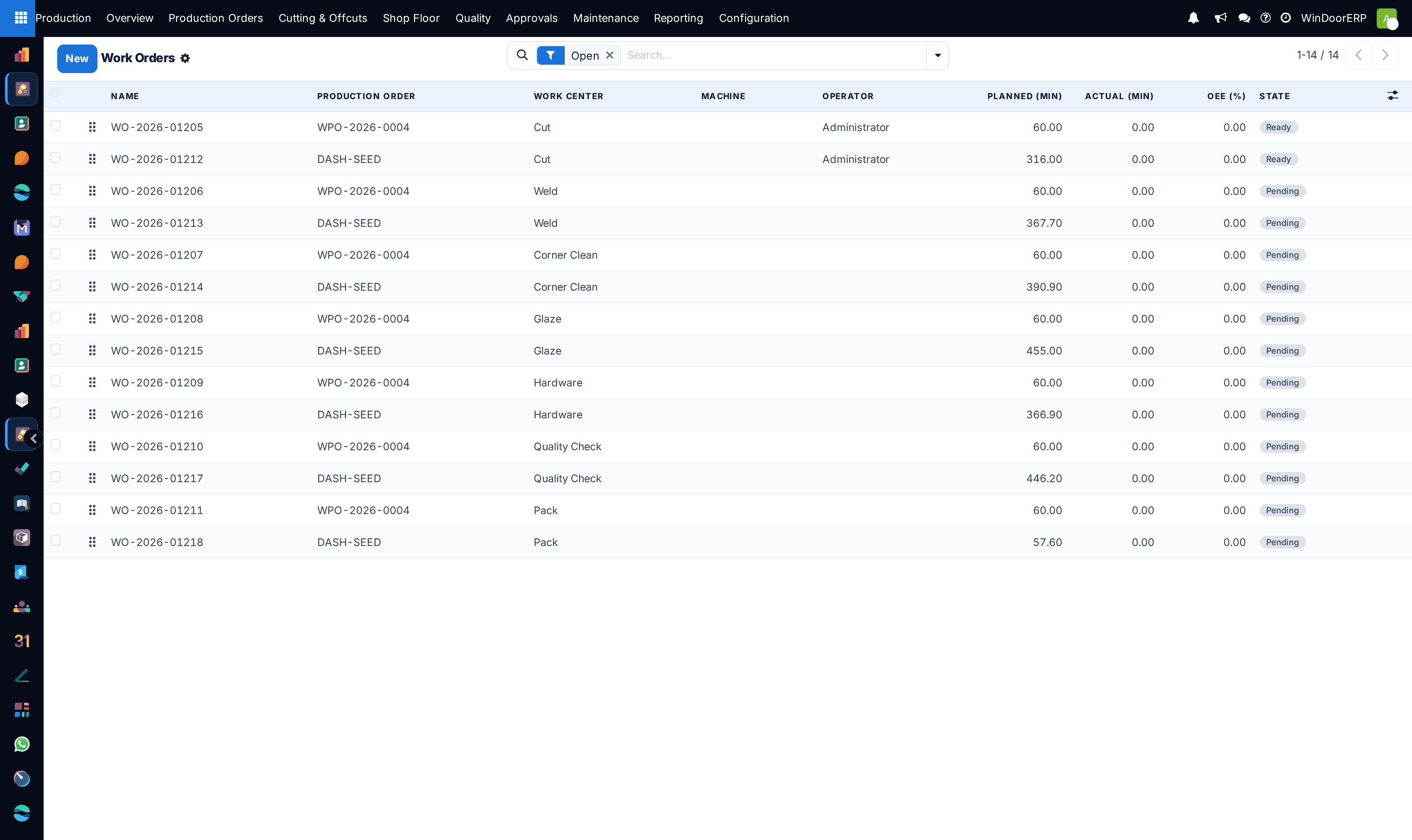 Work orders list view showing operation status, work center, and order numbers