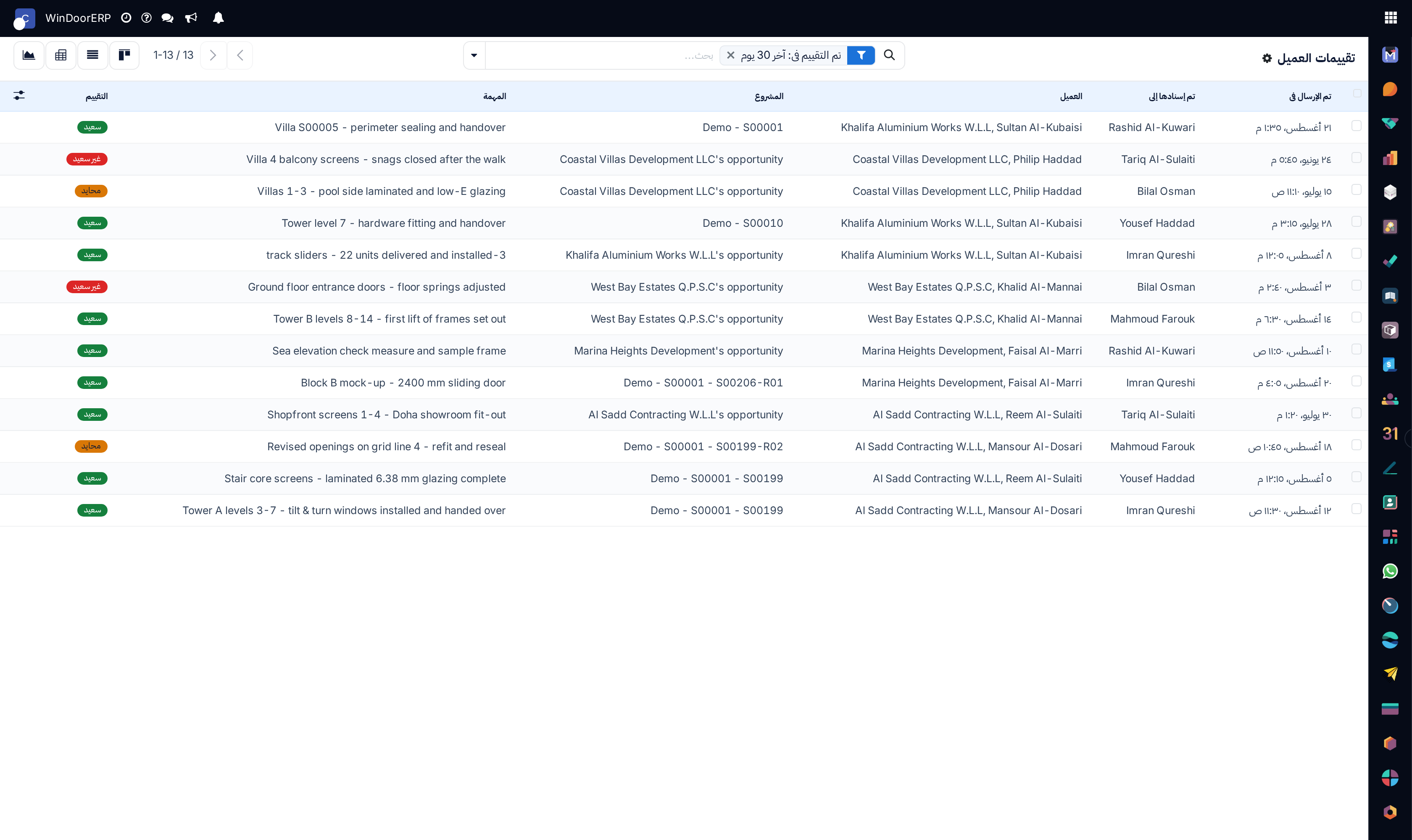 Customer ratings registry list showing satisfaction ratings, project names, and feedback