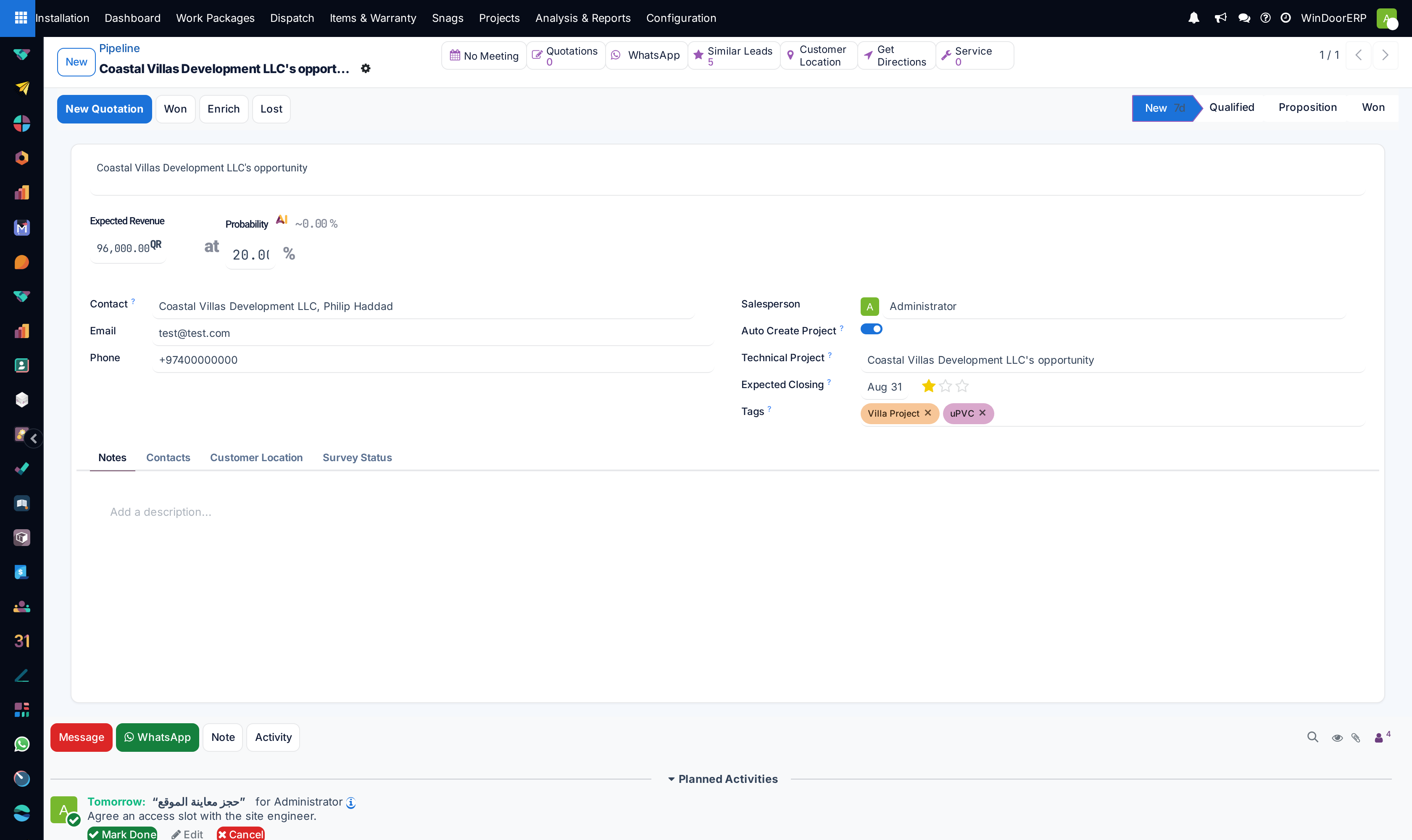 An opportunity with the Auto Create Project toggle and the read-only Technical Project field next to the salesperson
