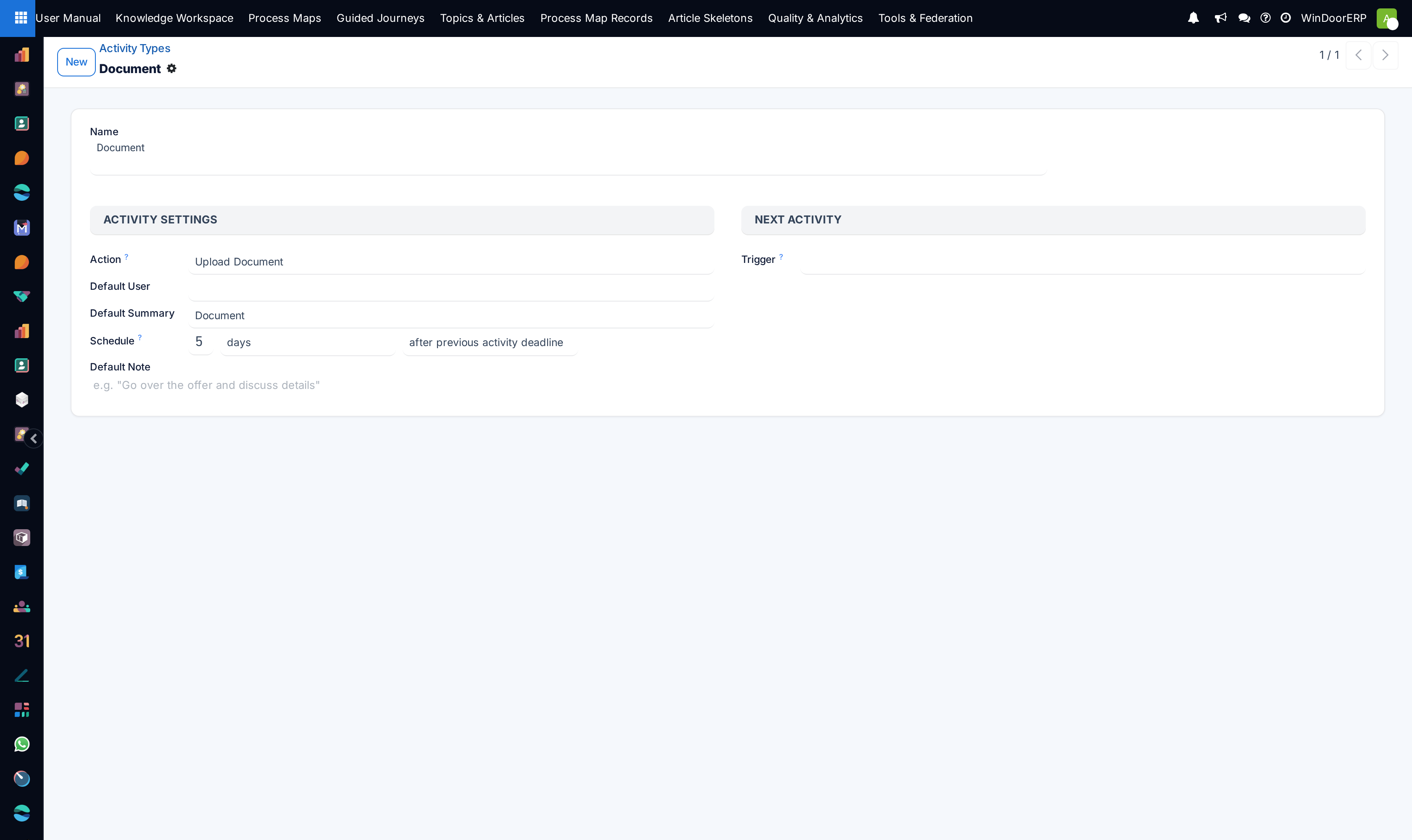 Activity type configuration form with chaining triggers and reminder offsets