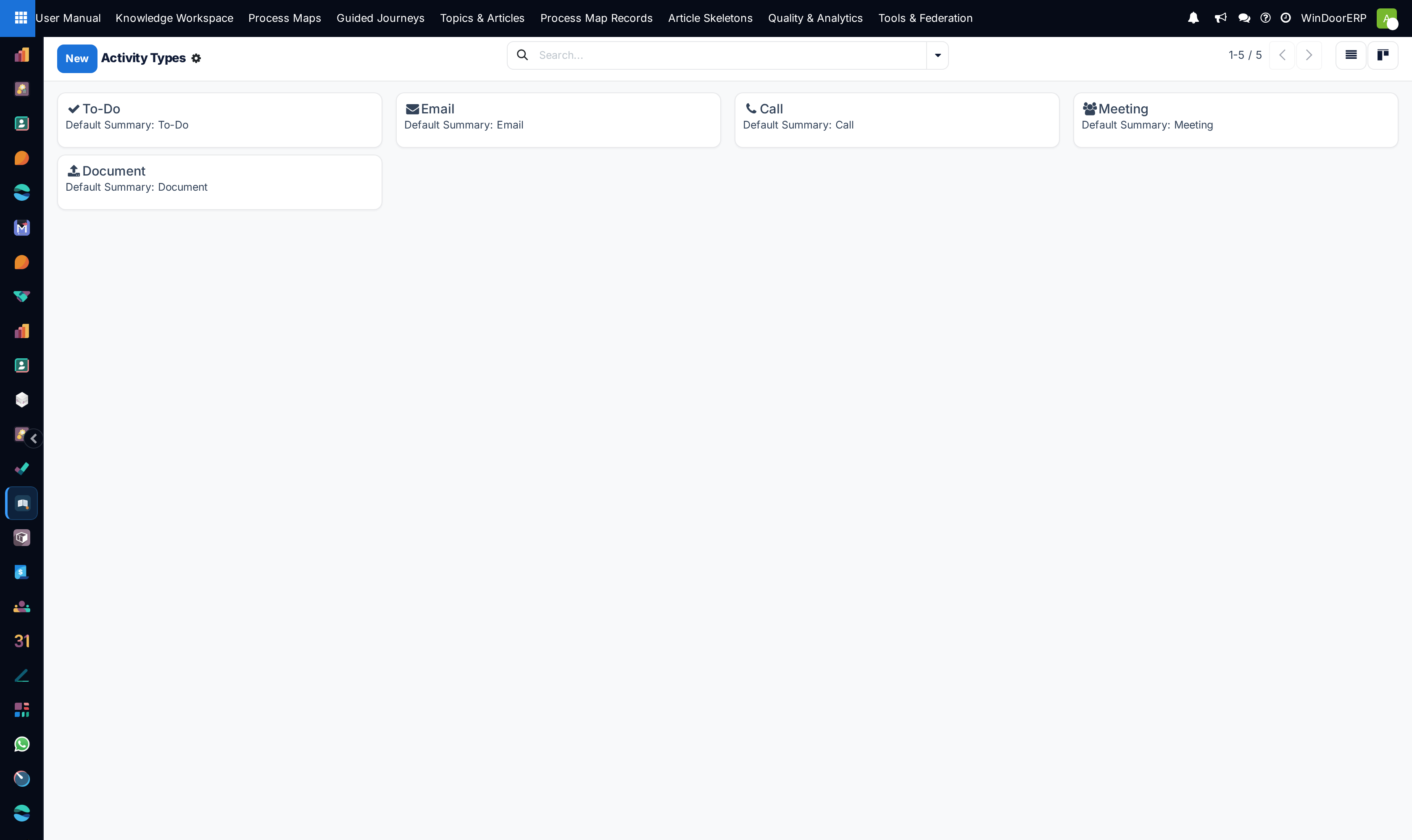 Activity types kanban view showing visual icons and default next actions