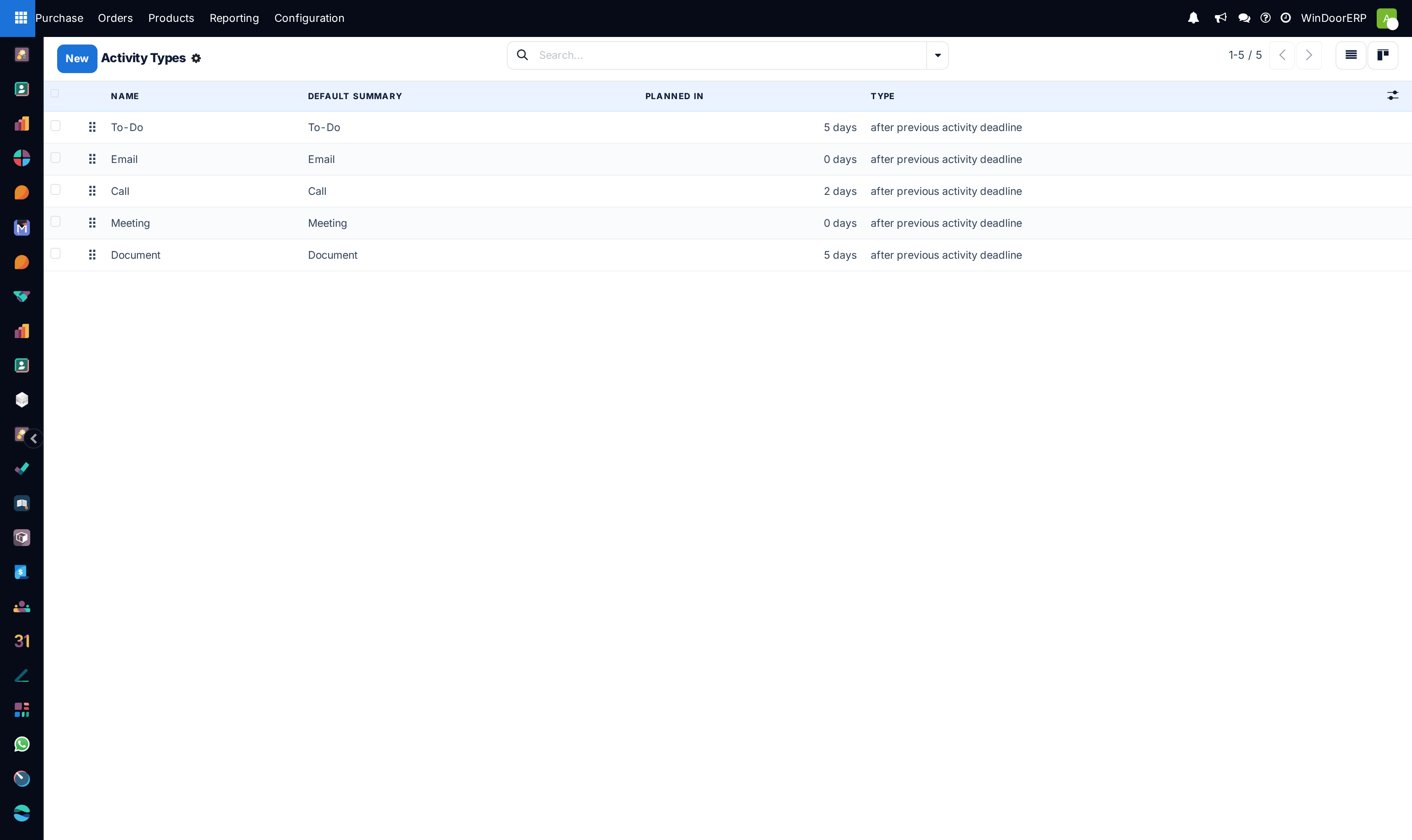 Activity types catalog defining calls, meetings, sample reviews, and deadlines