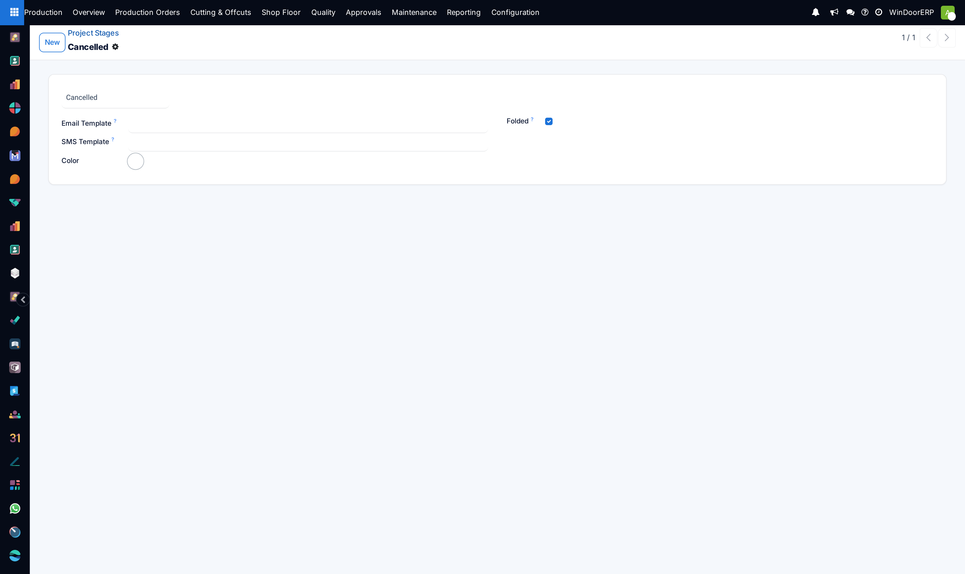 Project stage configuration editor with fold settings and customer portal visibility