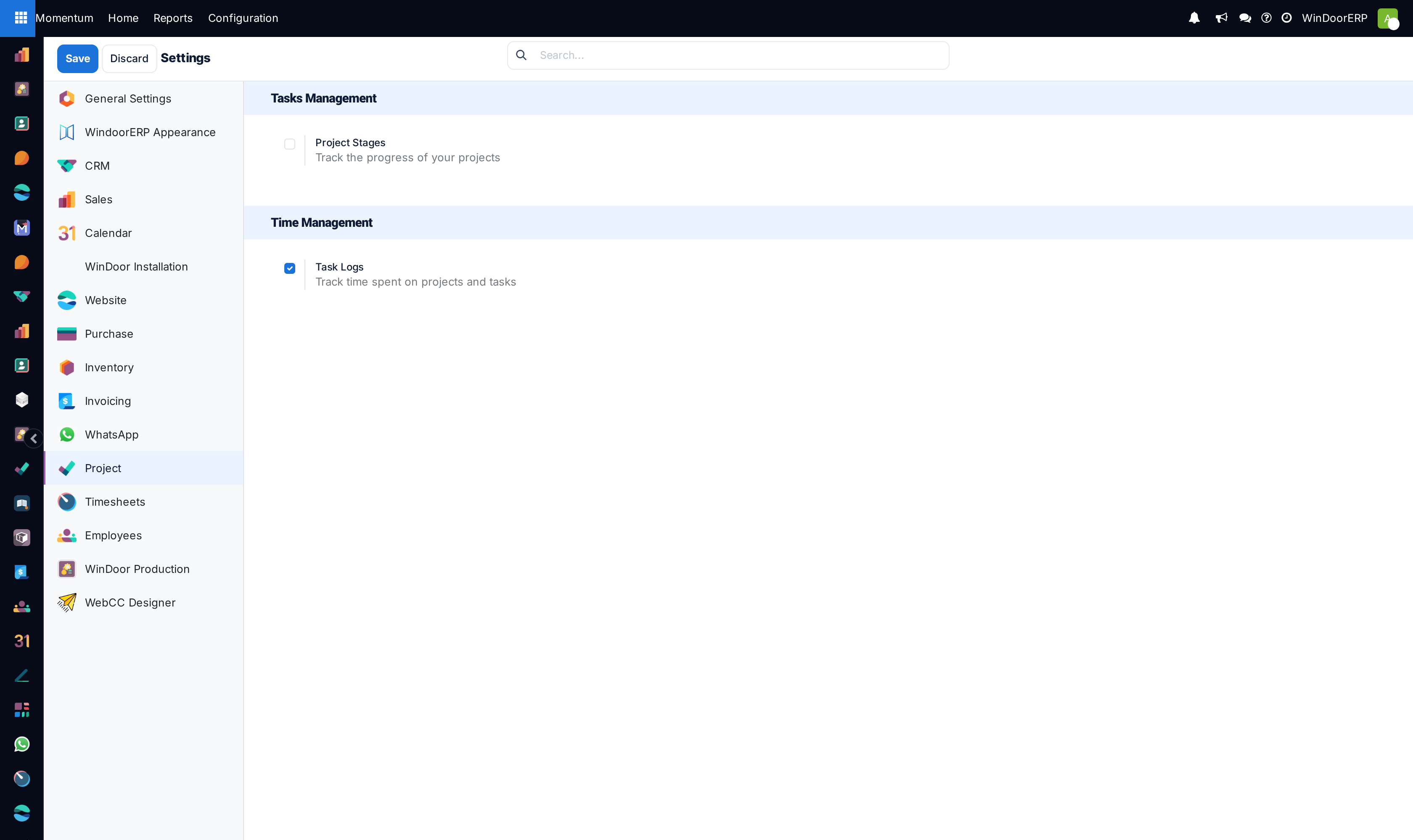 Project module general settings with timesheet controls and sub-task configurations