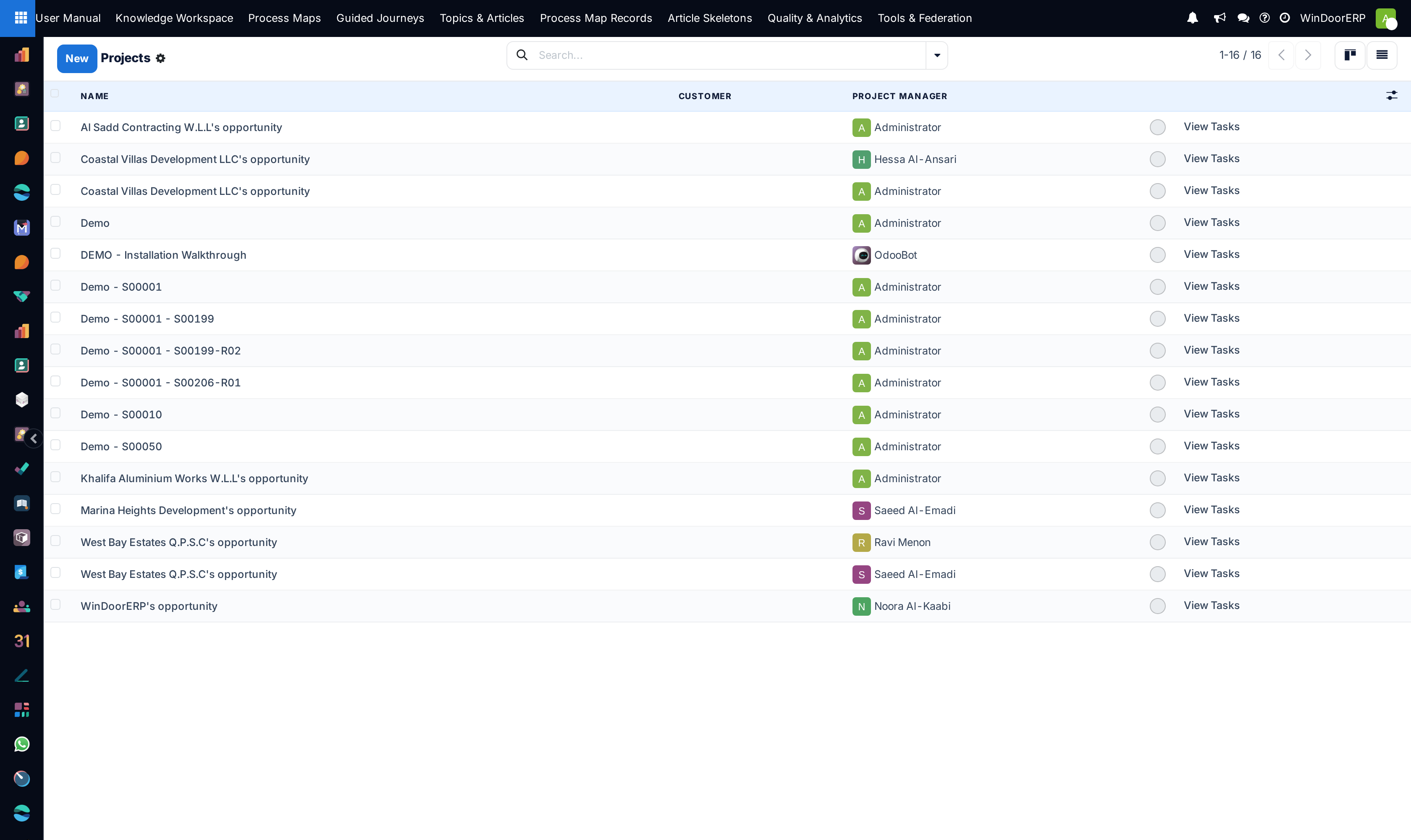 Architectural projects master list showing project codes, customer names, and progress bars
