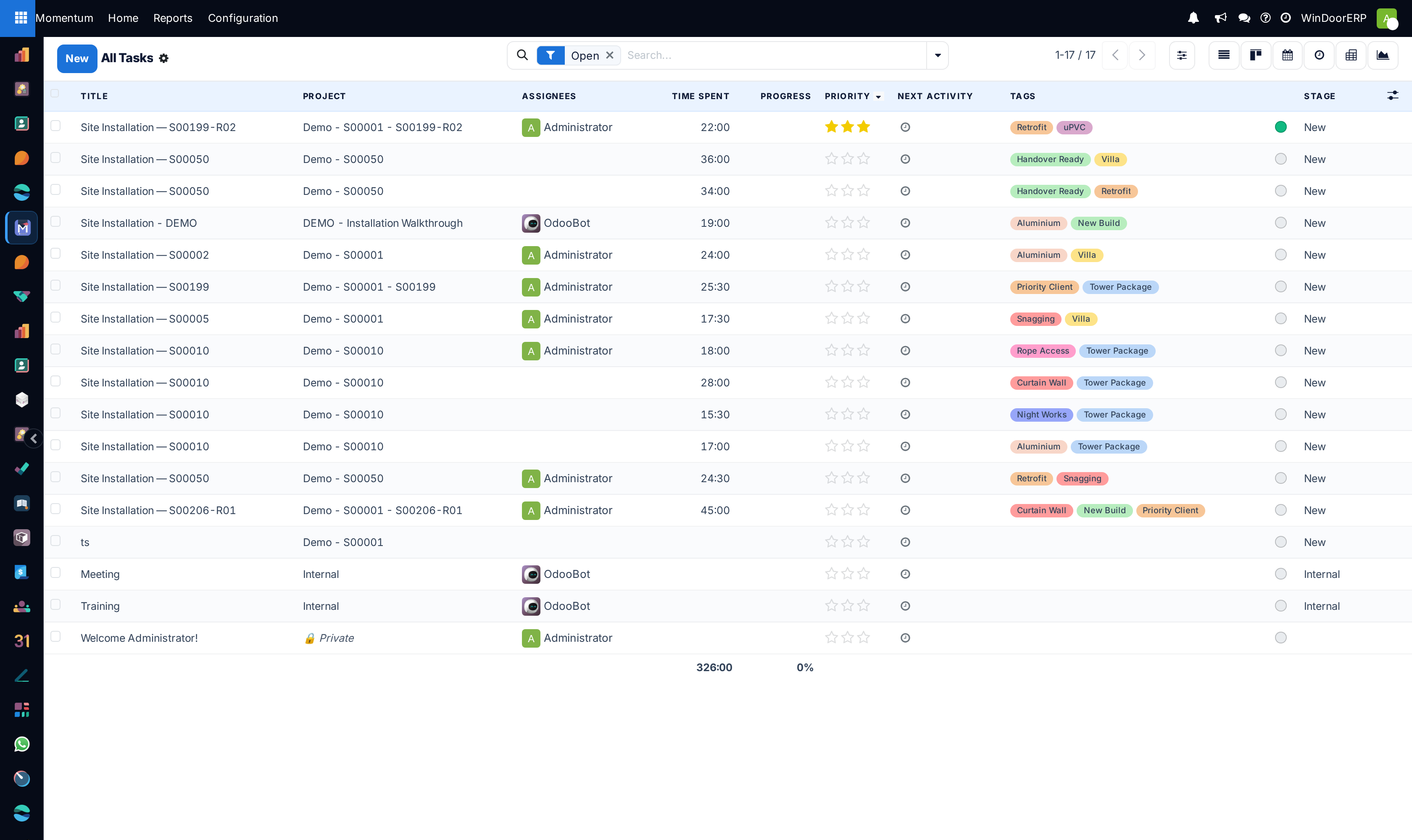 Master project tasks list view showing project names, assignees, priorities, and deadlines