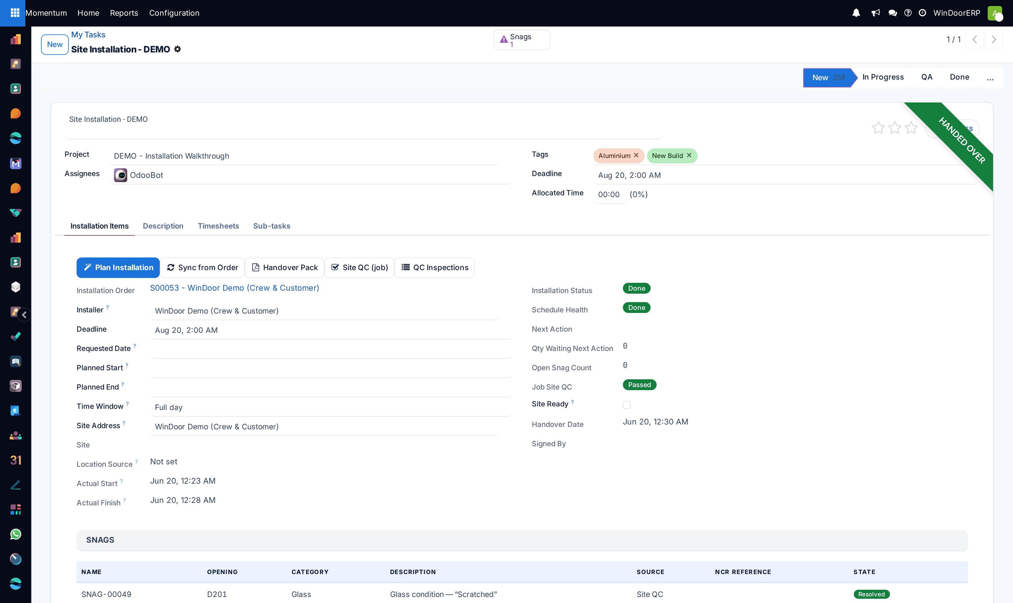 Individual task execution form with timesheet timers and document upload