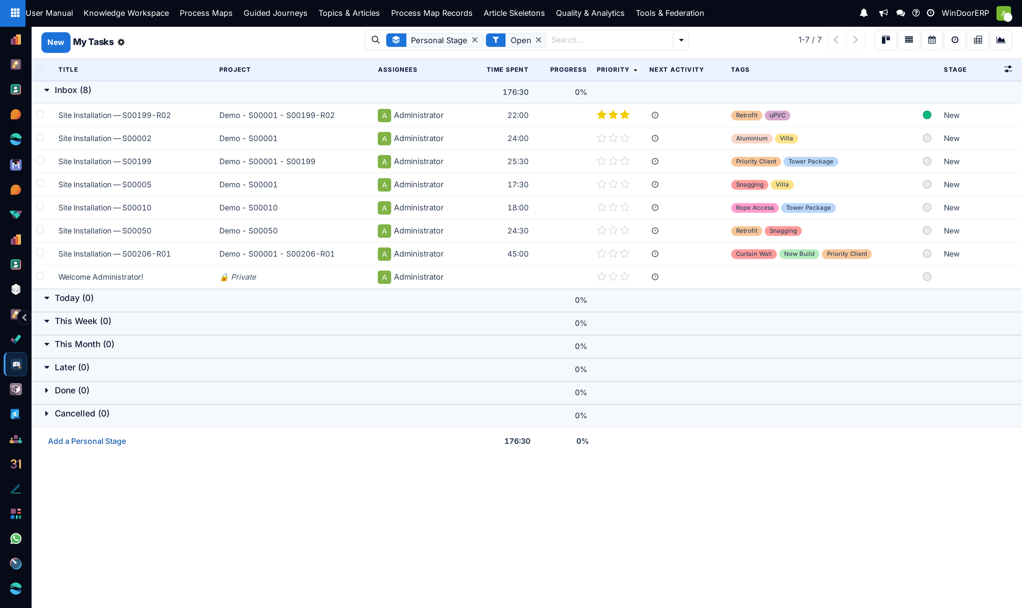 My tasks personal list view displaying assigned deadlines and priority stars
