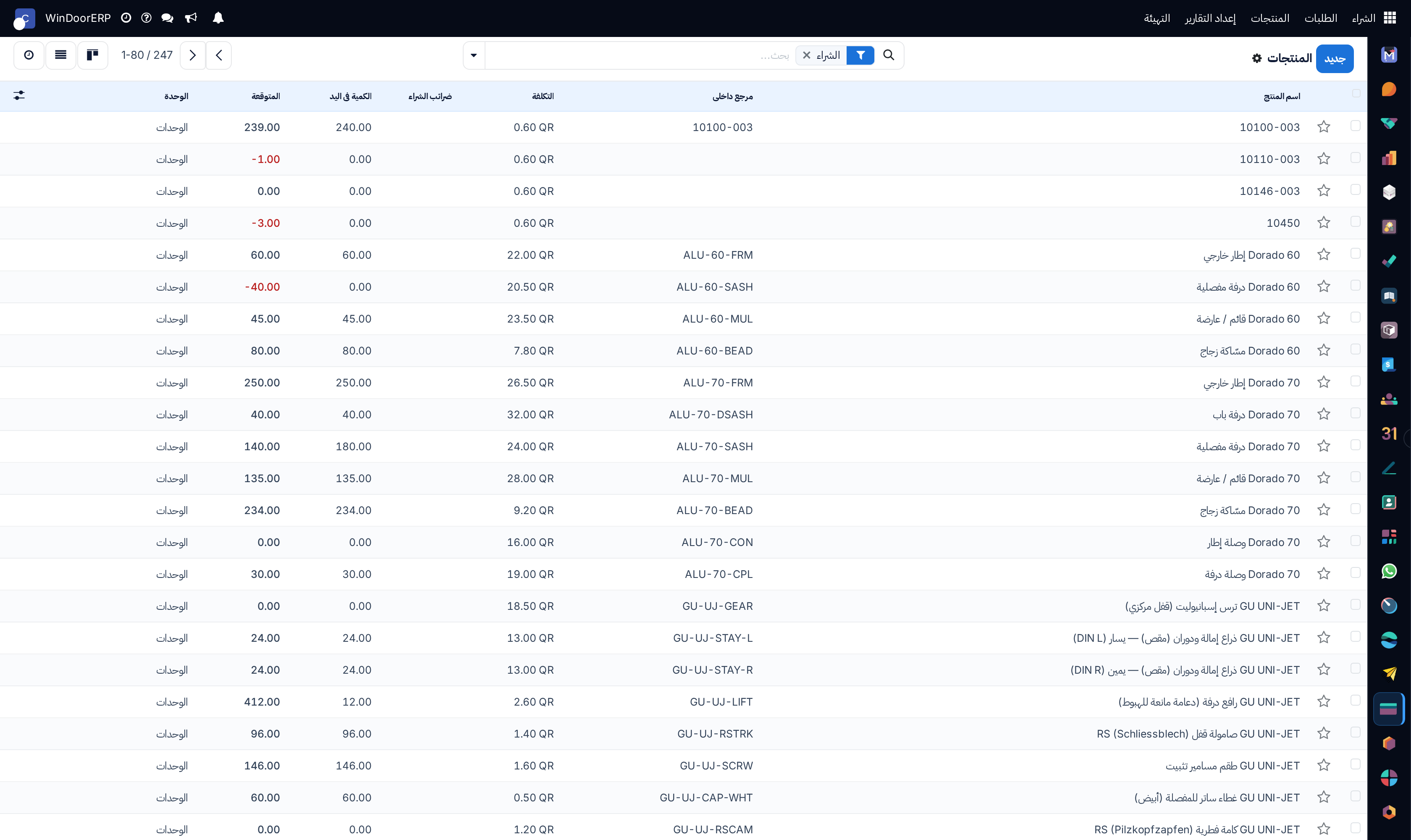 Purchasable raw materials master registry list