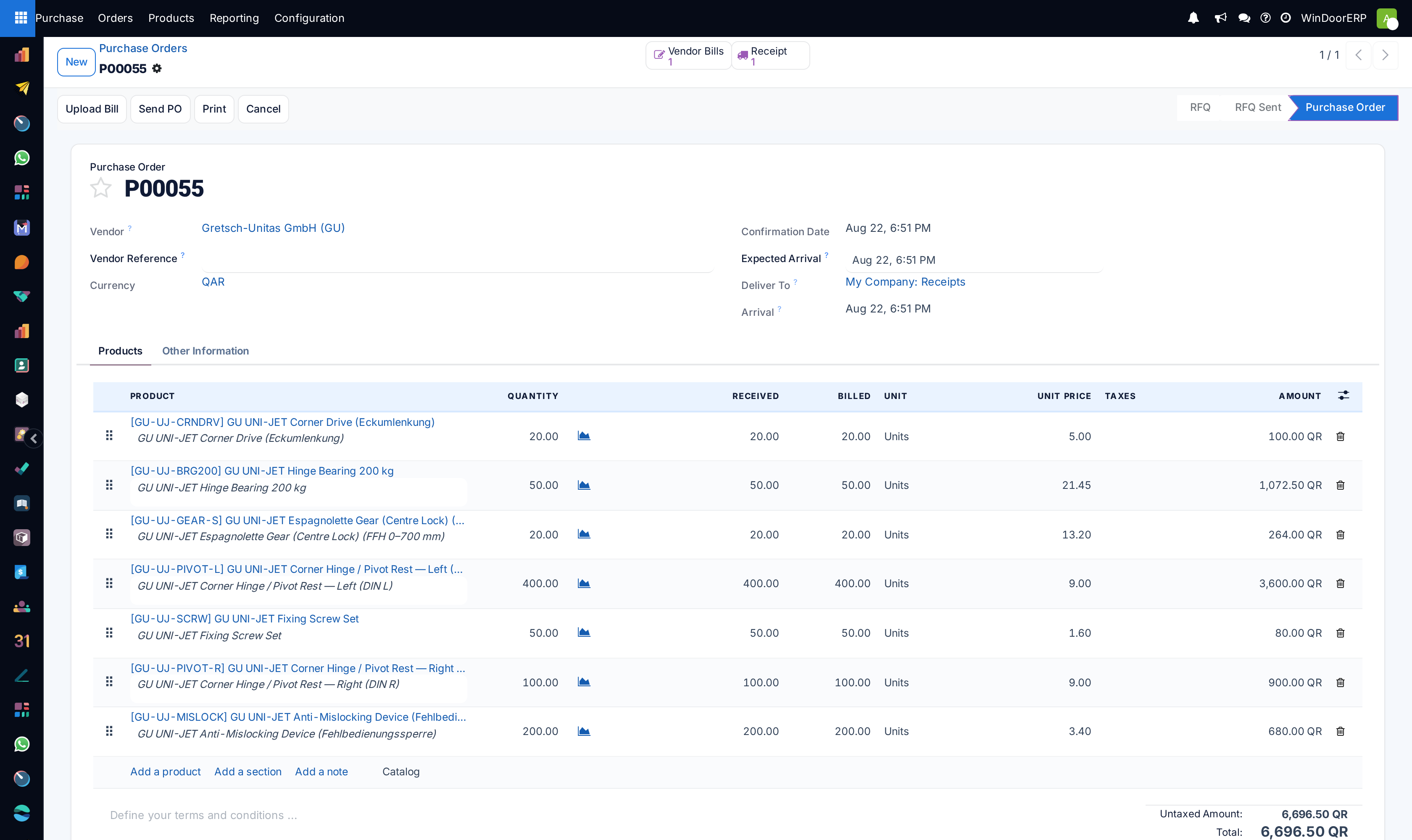 Purchase order editor with linked receipts and bill control policy