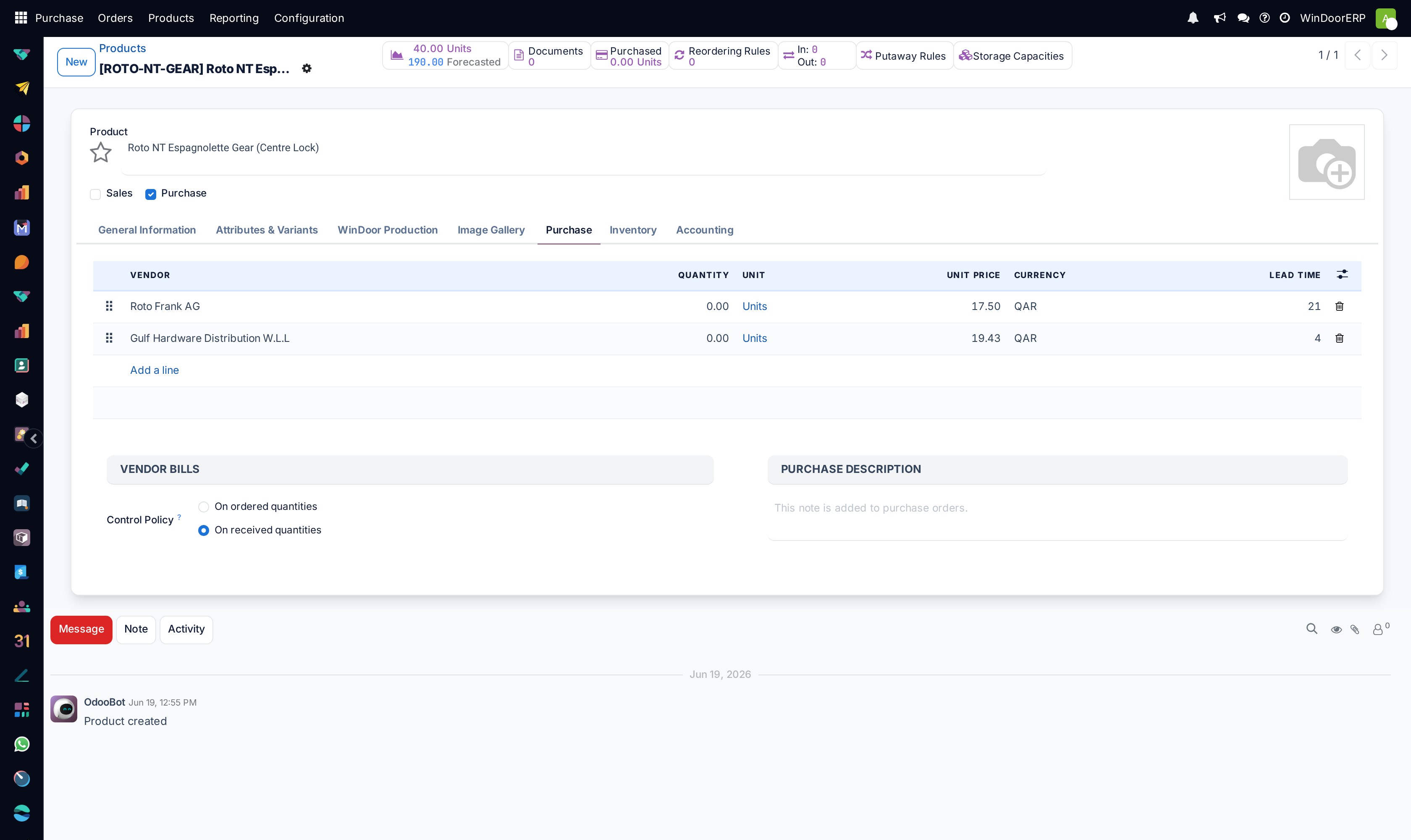A purchasable hardware product with its Purchase tab open: two vendor lines with prices and lead times, and the Vendor Bills control policy