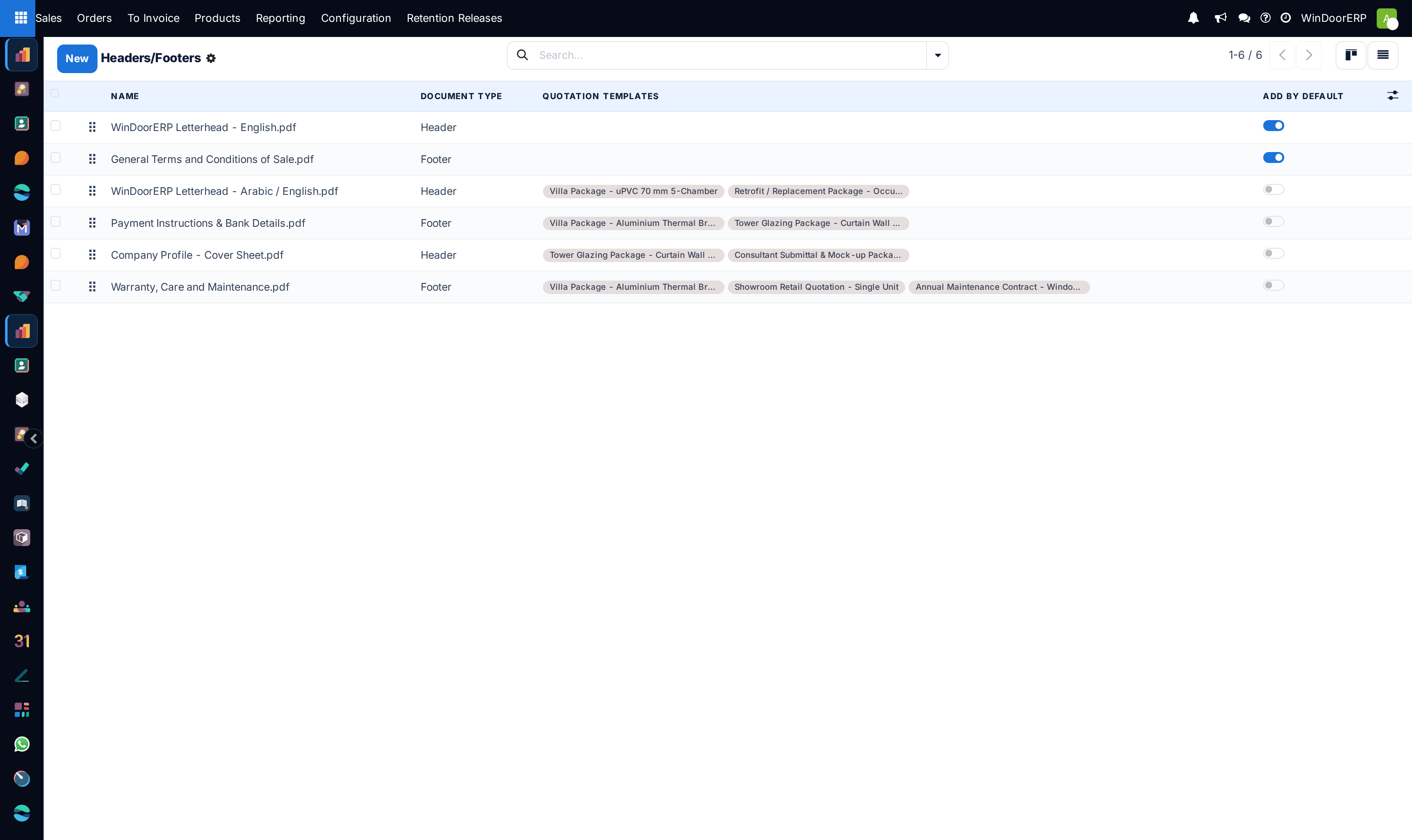 Headers and footers PDF document registry list