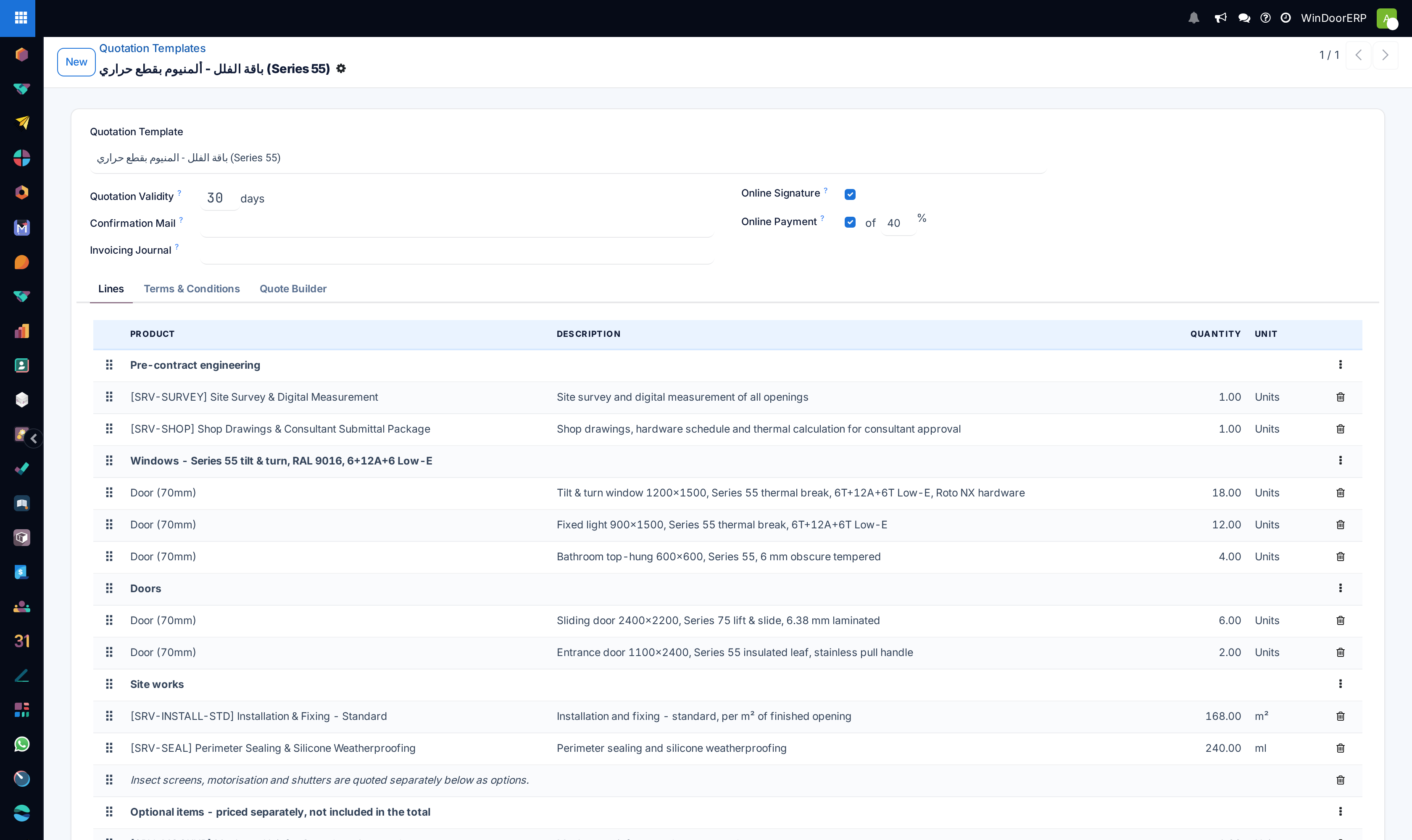 A villa package template: 30-day validity, online signature and a 40% online payment, with lines grouped into sections for engineering, windows, doors, site works and optional items