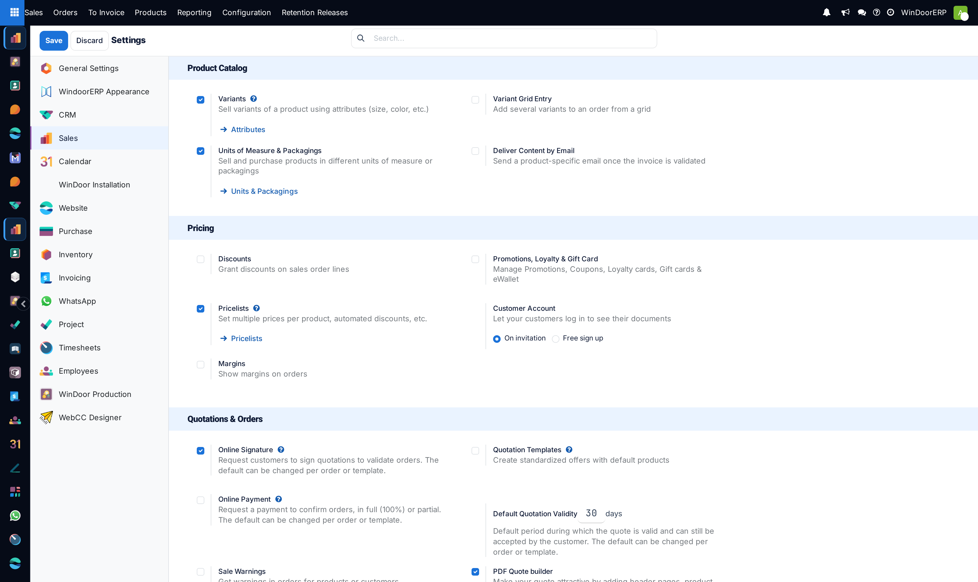 Sales global configuration settings panel