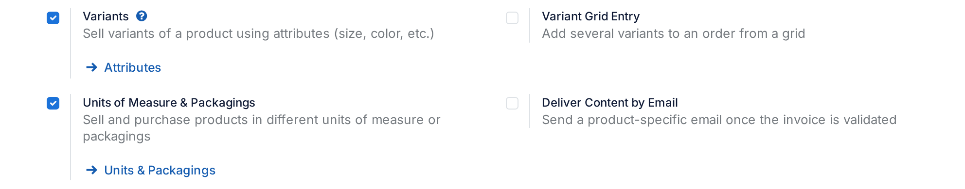The product block of the Sales settings: Variants and Units of Measure and Packagings, each with a shortcut to the screen it unlocks