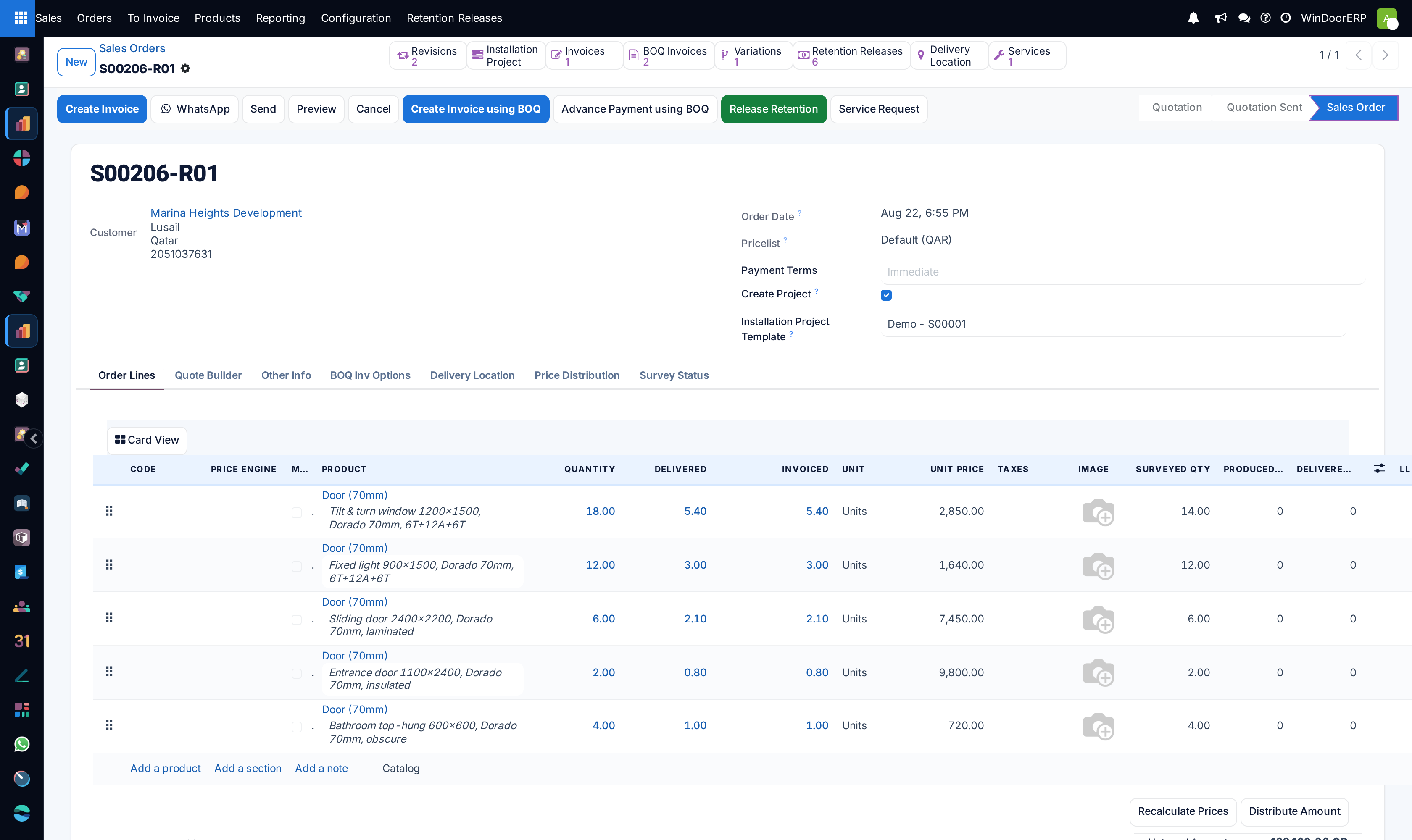 Sales order editor with linked manufacturing and delivery buttons