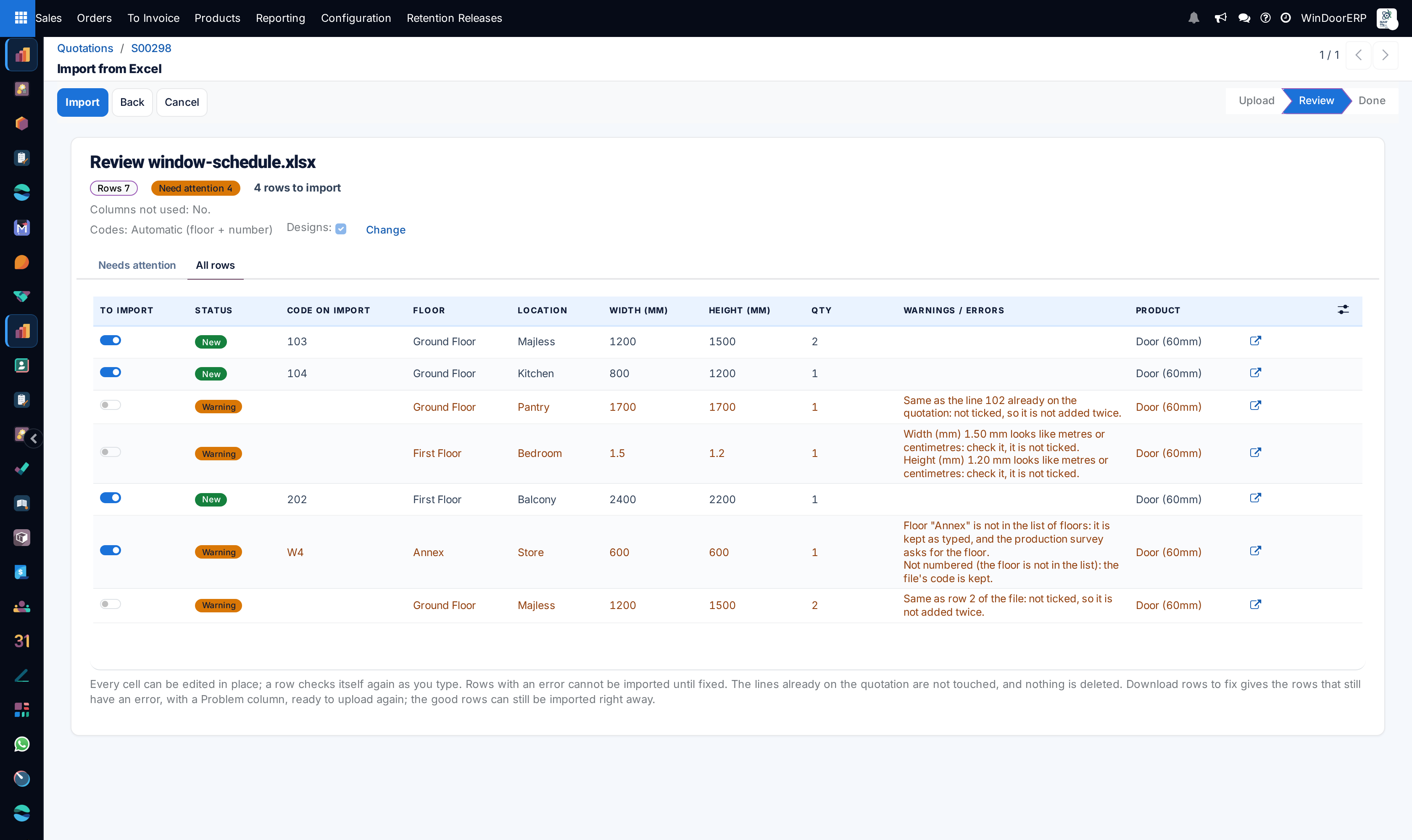 The review of window-schedule.xlsx on the All rows tab: rows numbered 103, 104 and 202, W4 kept with a floor warning, and three rows left unticked — a duplicate of line 102, a size in metres and a repeat of row 2