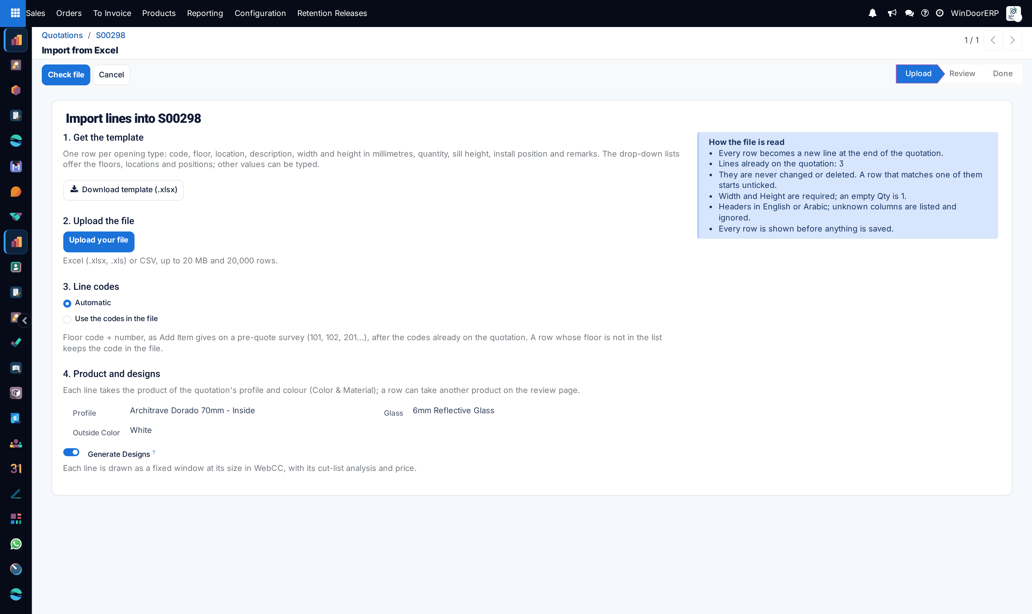 The upload page Import lines into S00298: Get the template, Upload the file, Line codes with Automatic and Use the codes in the file, Product and designs with the quotation's profile and colour, and the box How the file is read