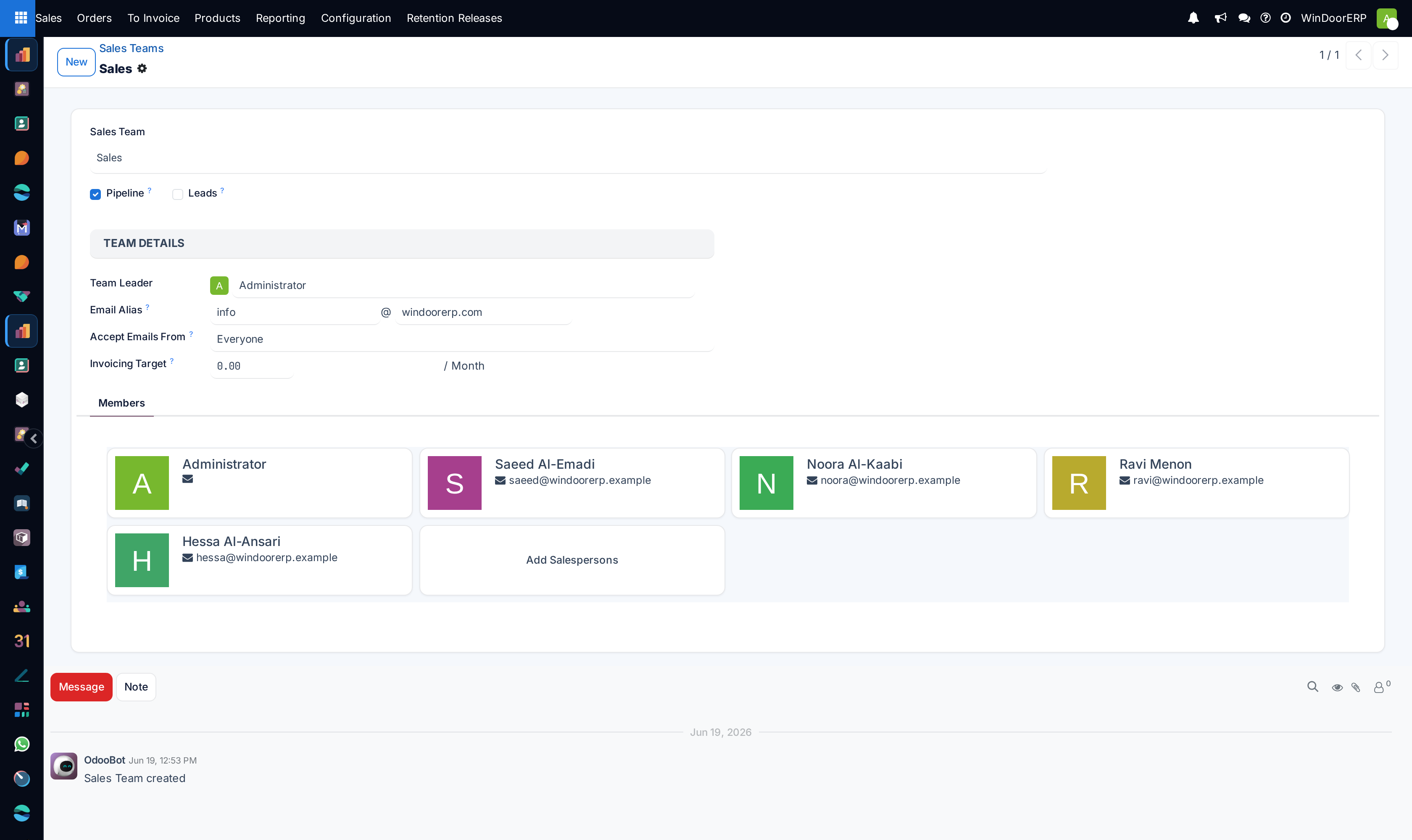 Sales team profile and operational target editor