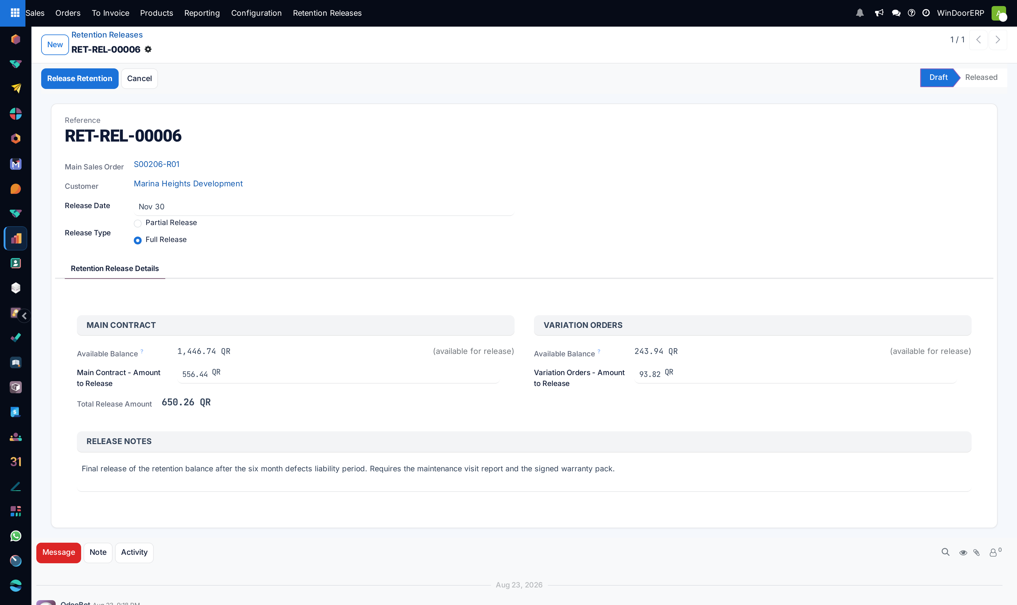 A draft retention release form showing the Release Retention and Cancel buttons, the Draft-to-Released status bar, release type radio, and the main contract and variation order balance groups