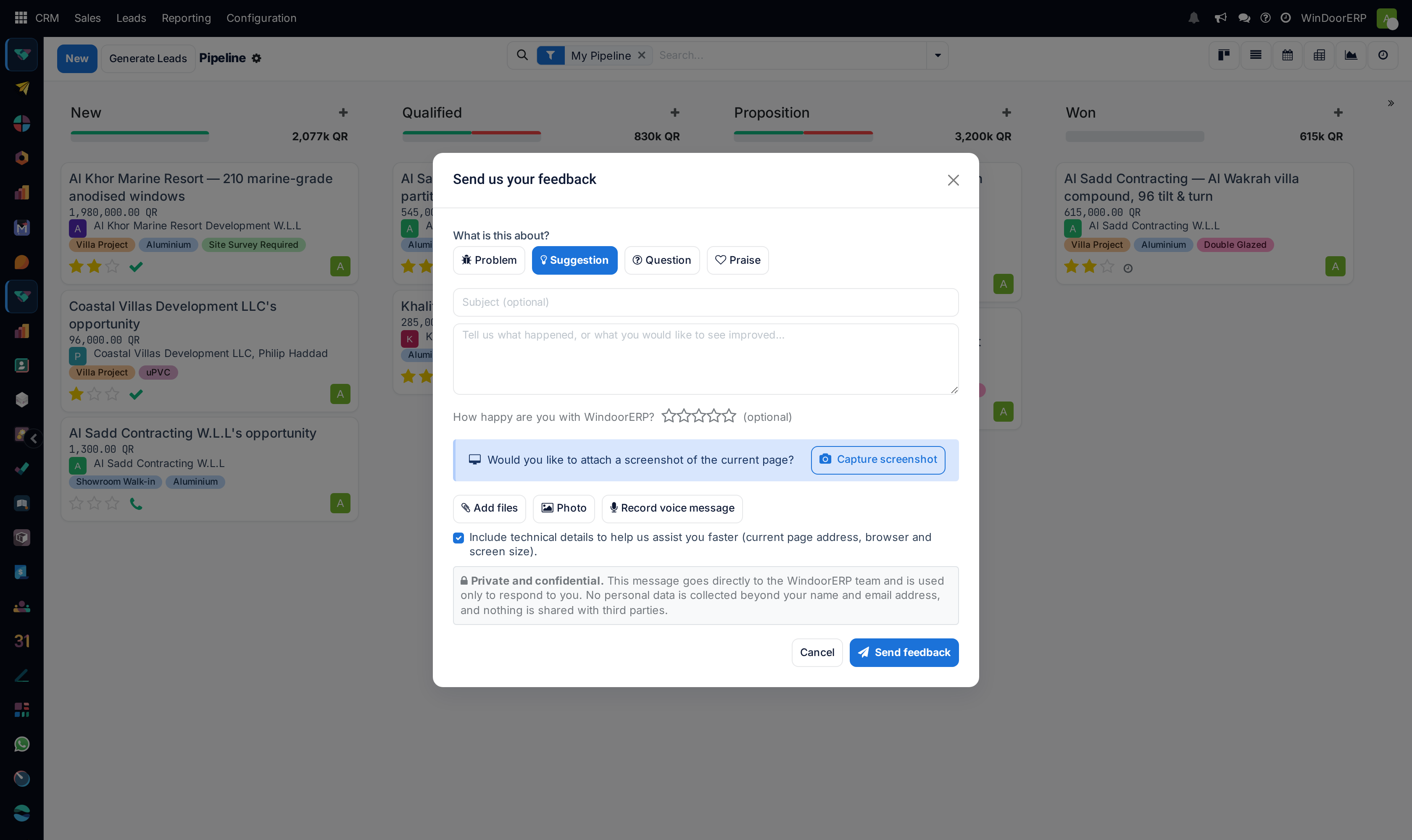 The Send us your feedback dialog: Problem, Suggestion, Question or Praise, a message box, an optional star rating, screenshot and file attachments, and the technical-details checkbox
