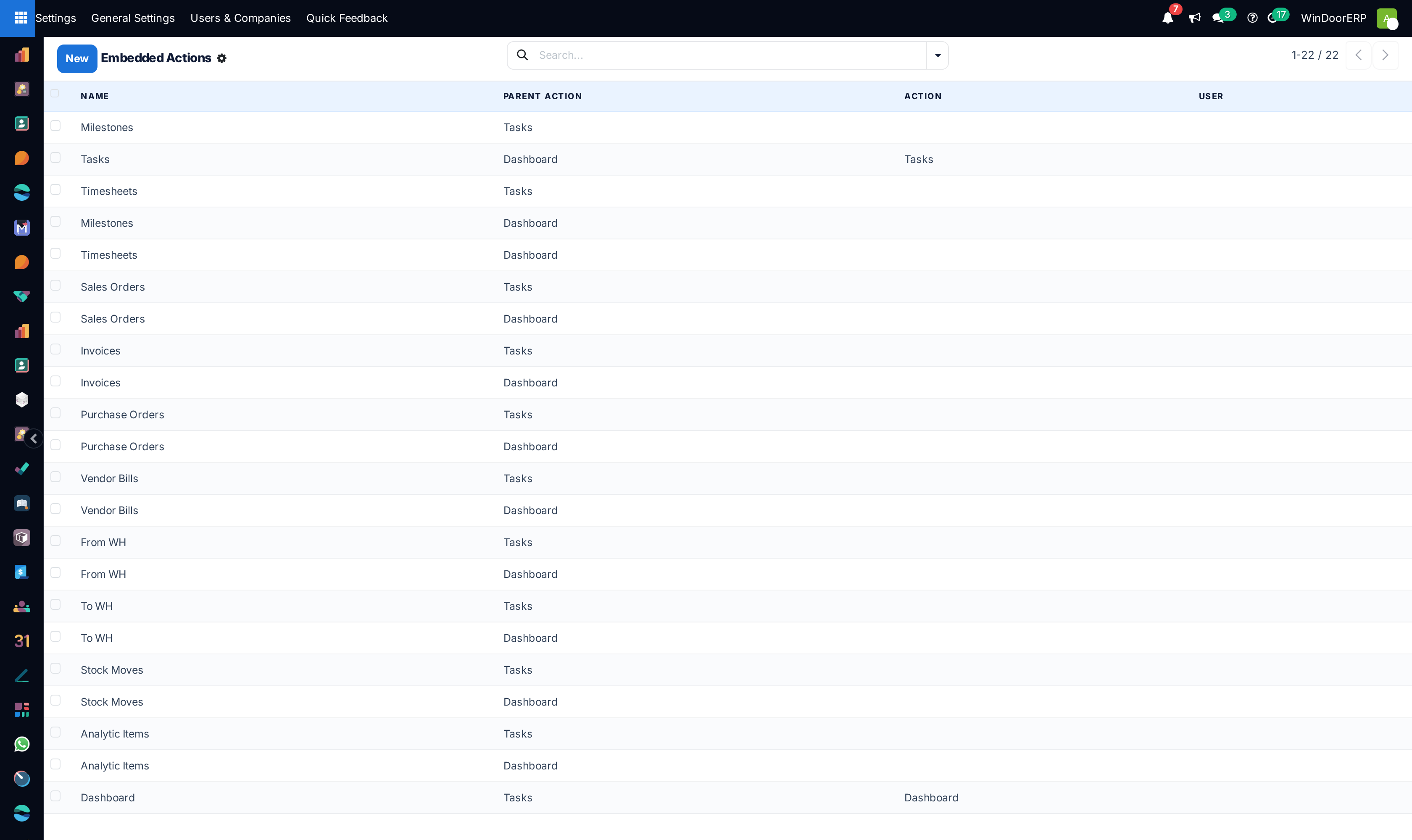 Embedded view actions list