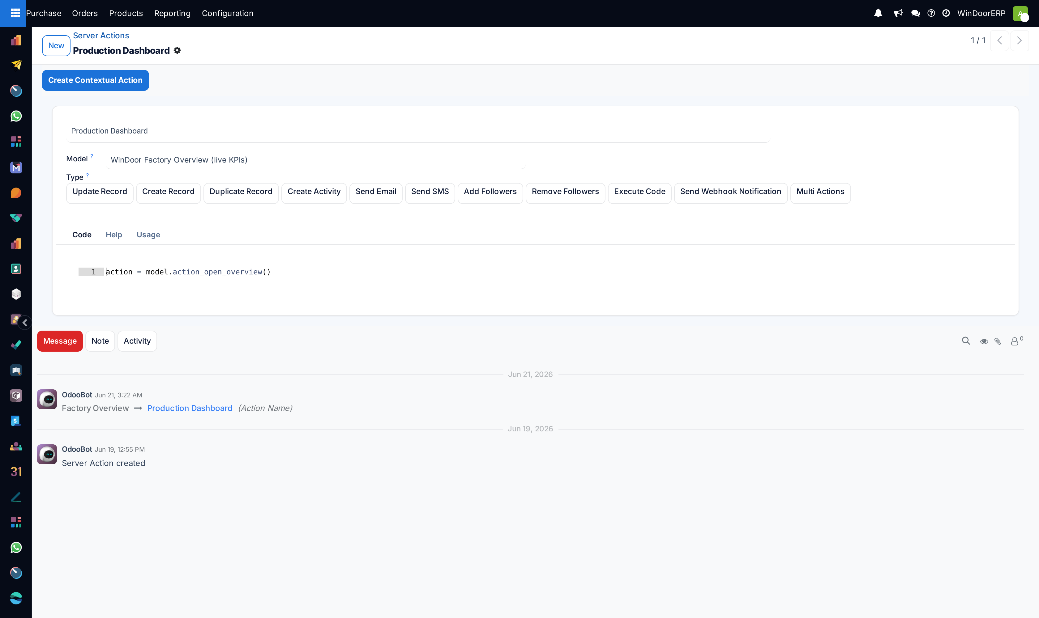 Server action code editor
