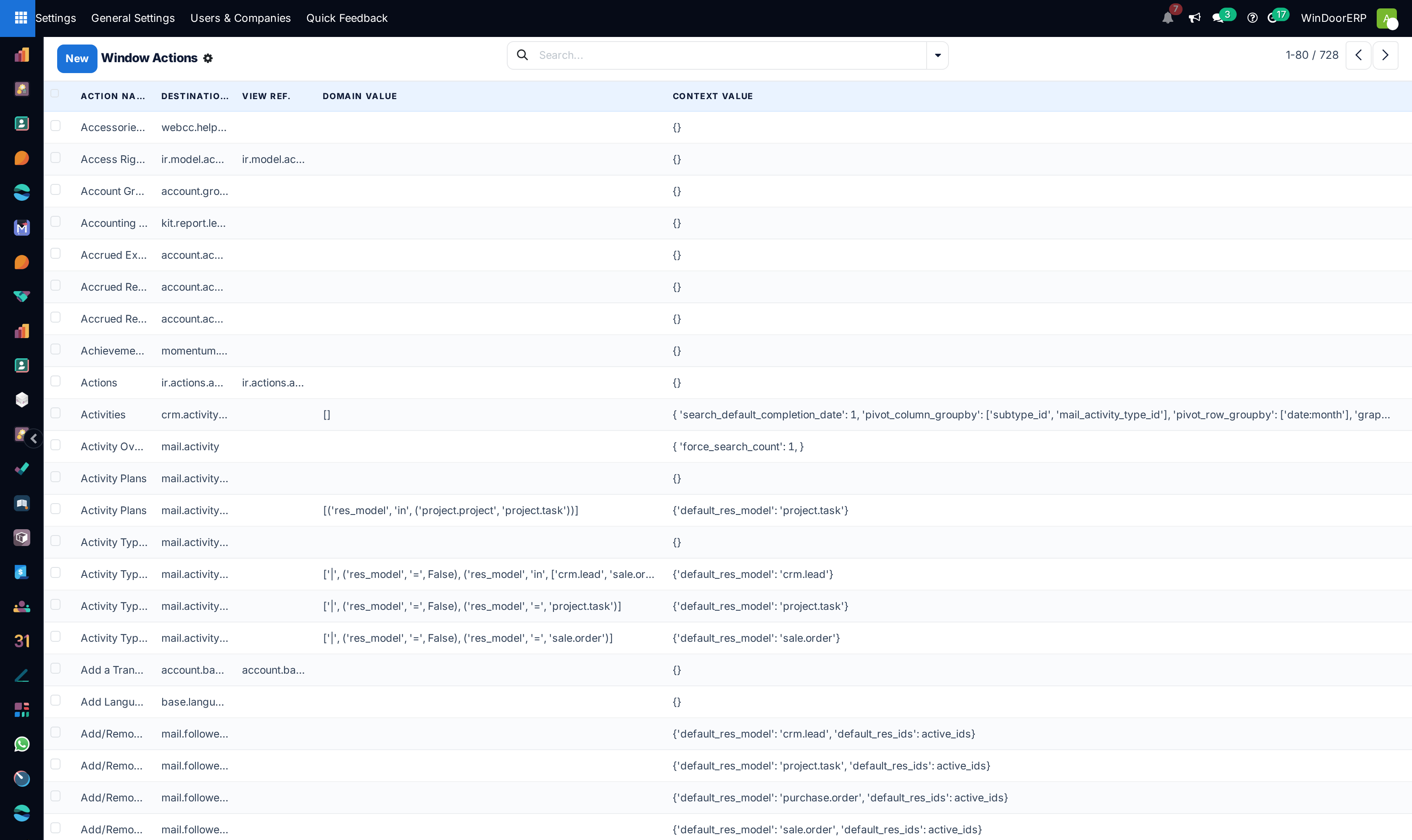 Window actions registry list
