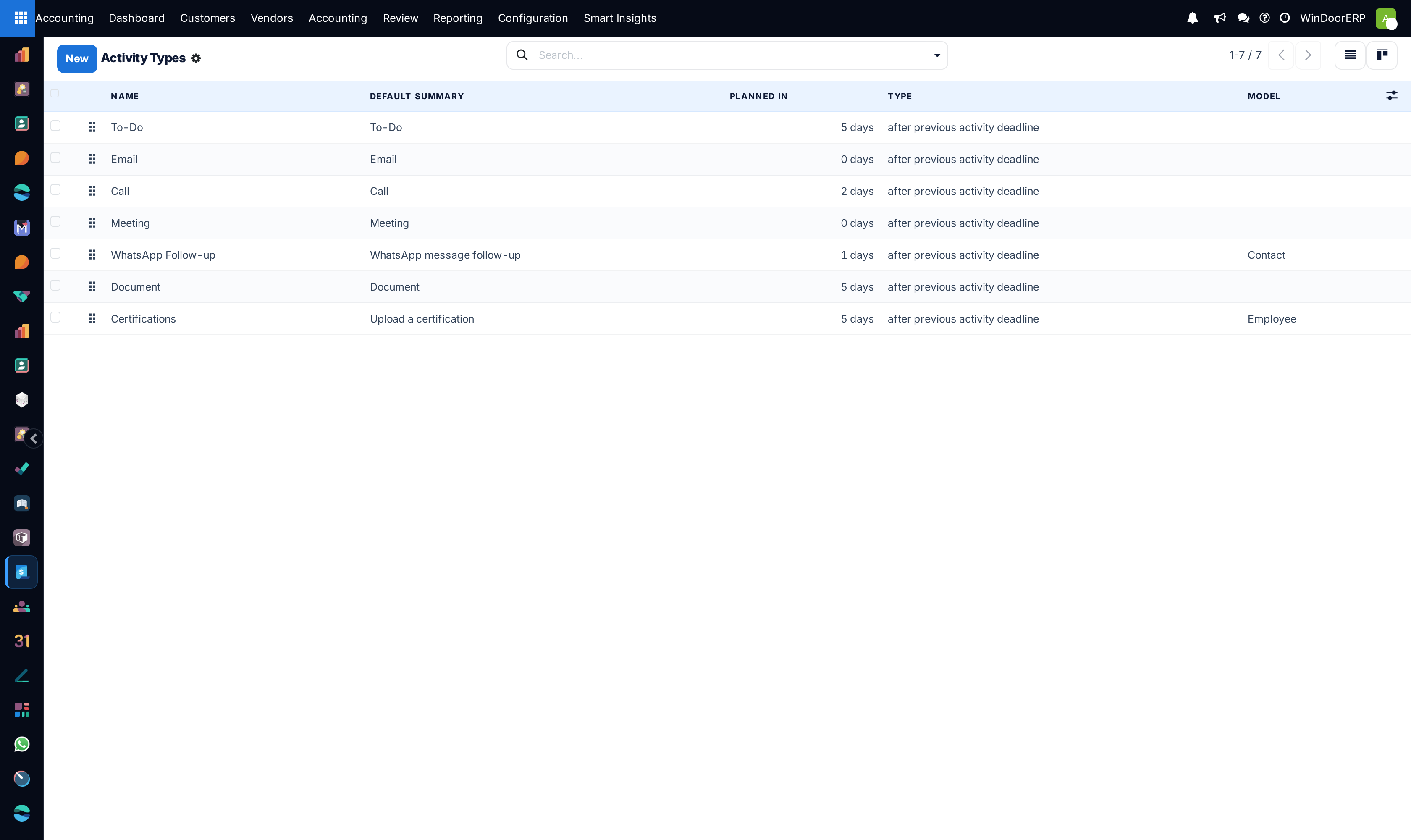Activity action types catalog list