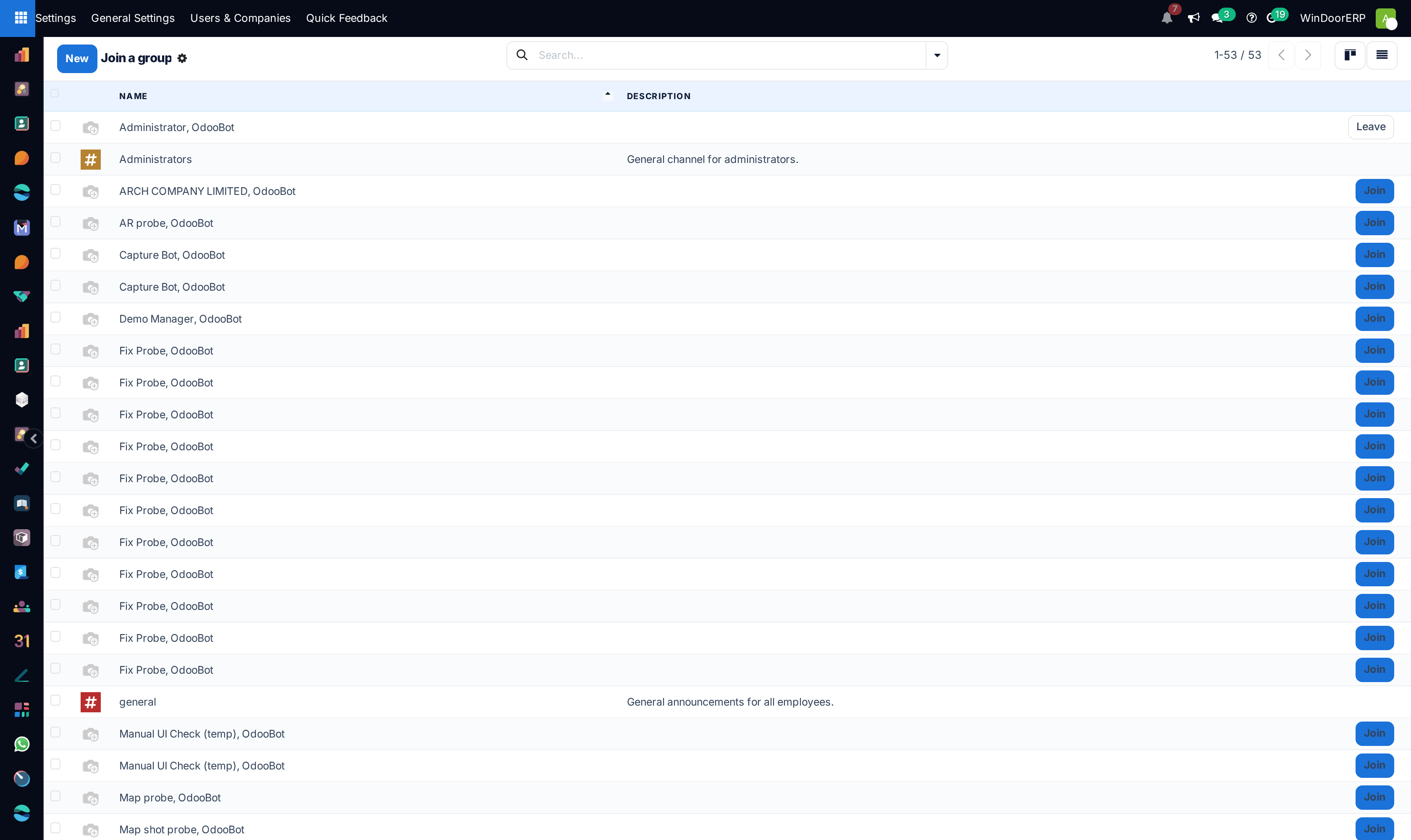 Internal chat channels list