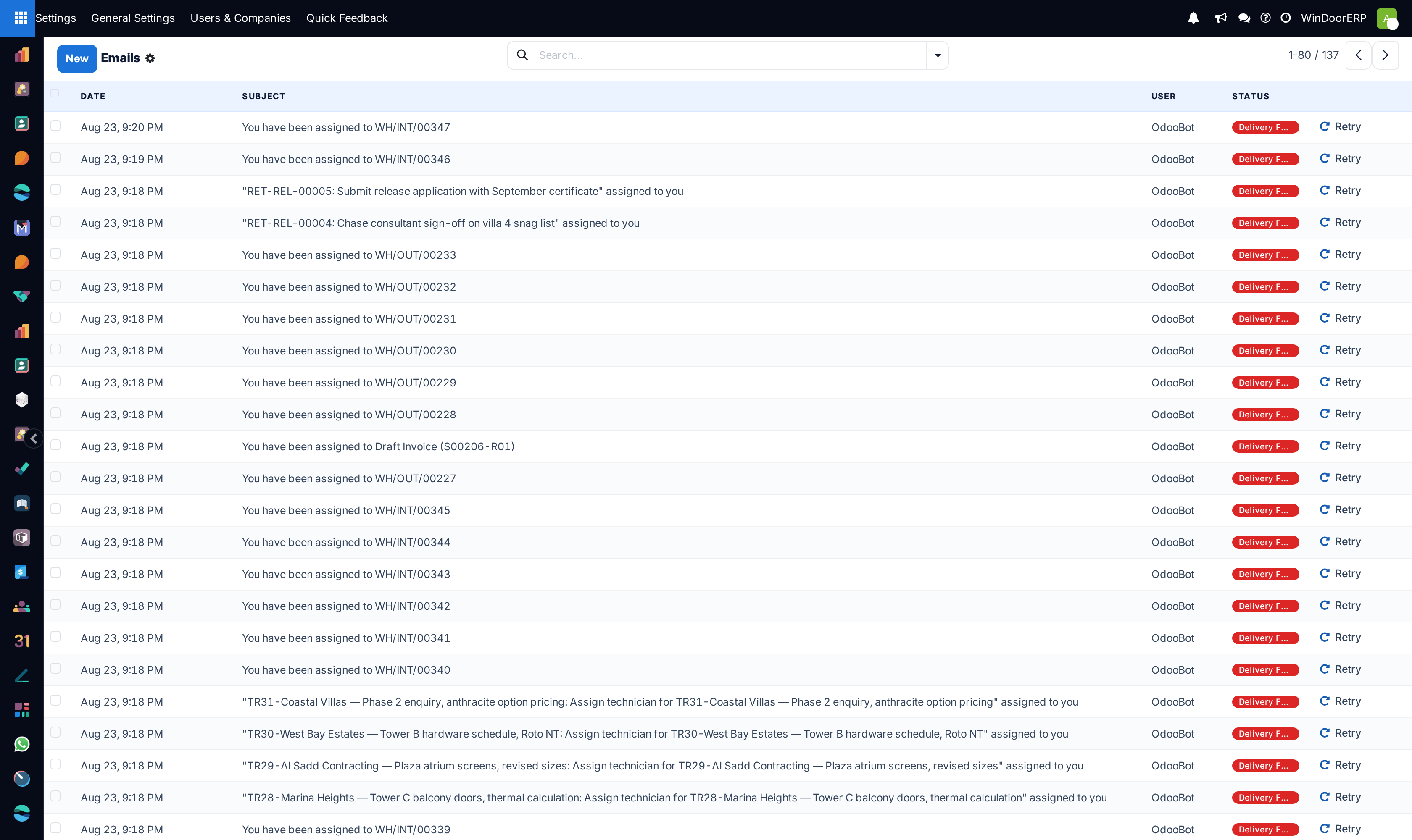 Sent and queued email messages registry list