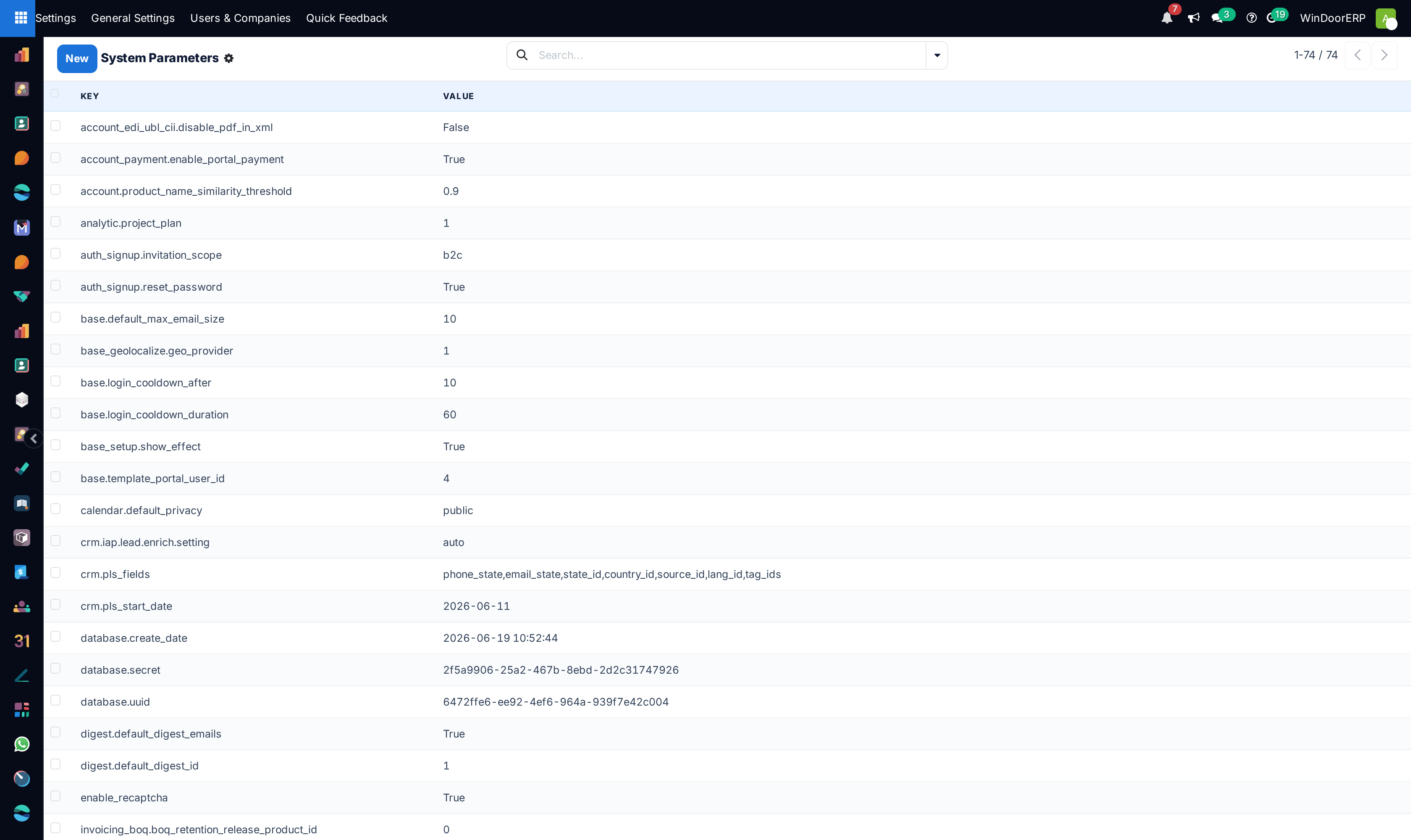 System parameters global configuration list