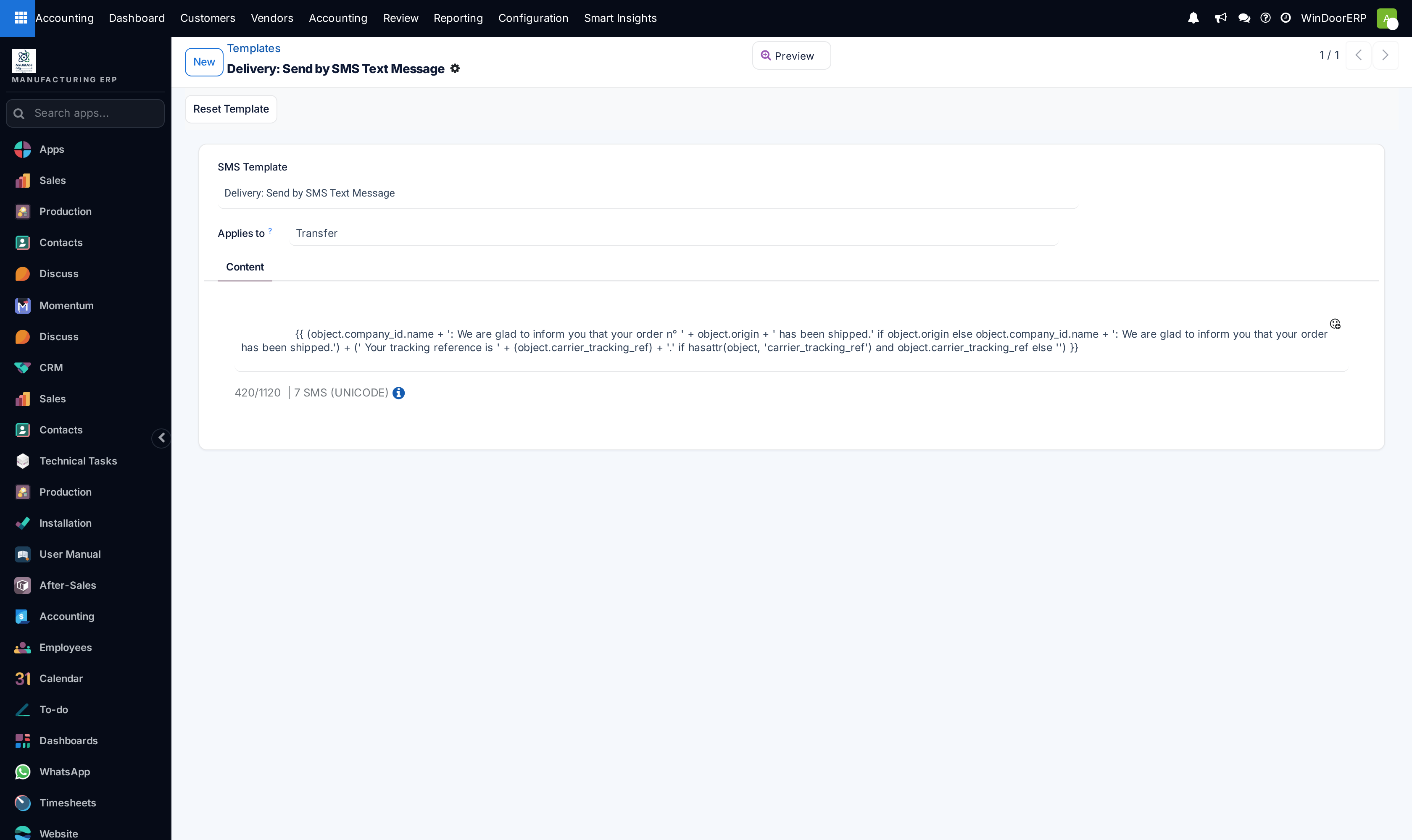 SMS template editor