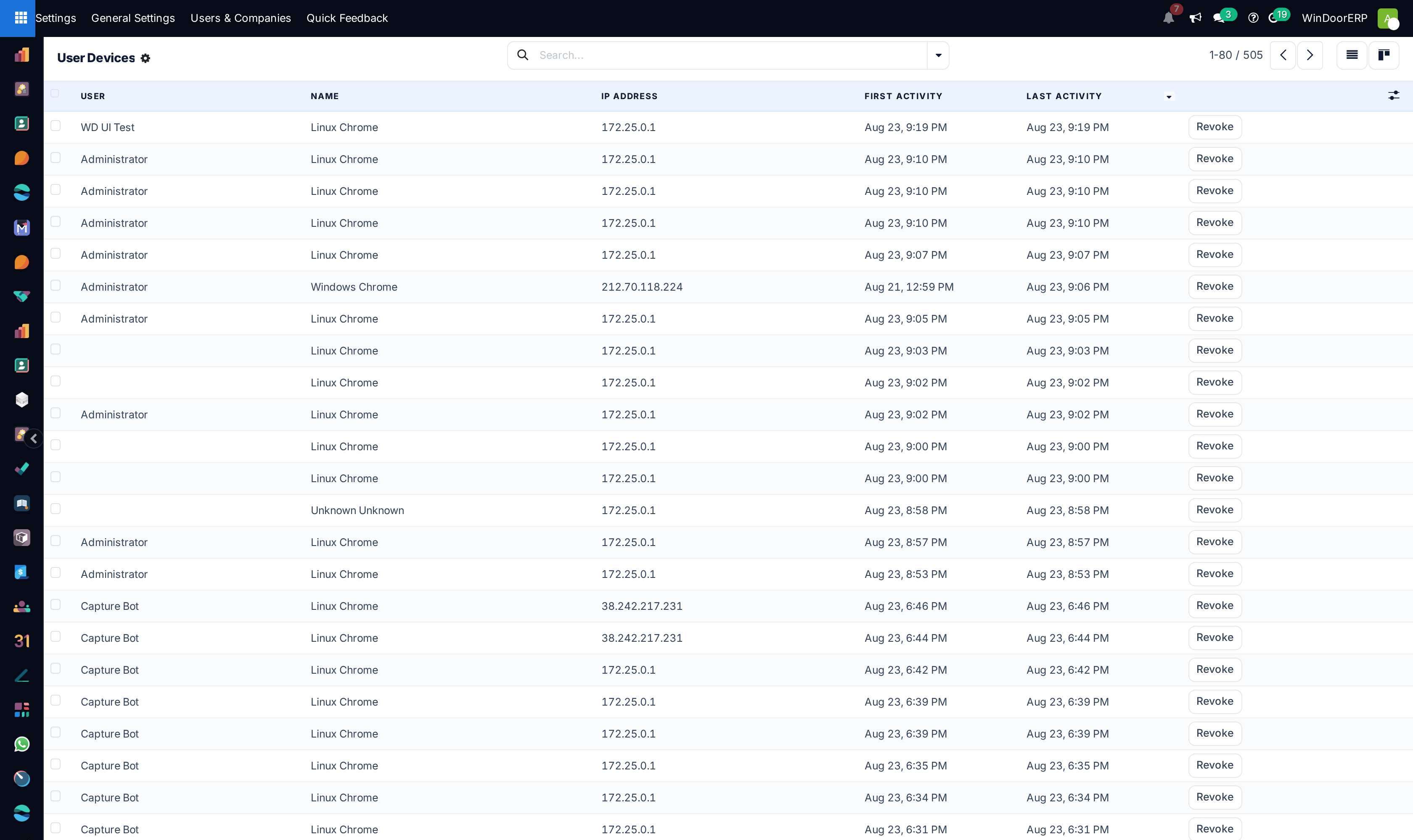 Active authenticated user devices registry list