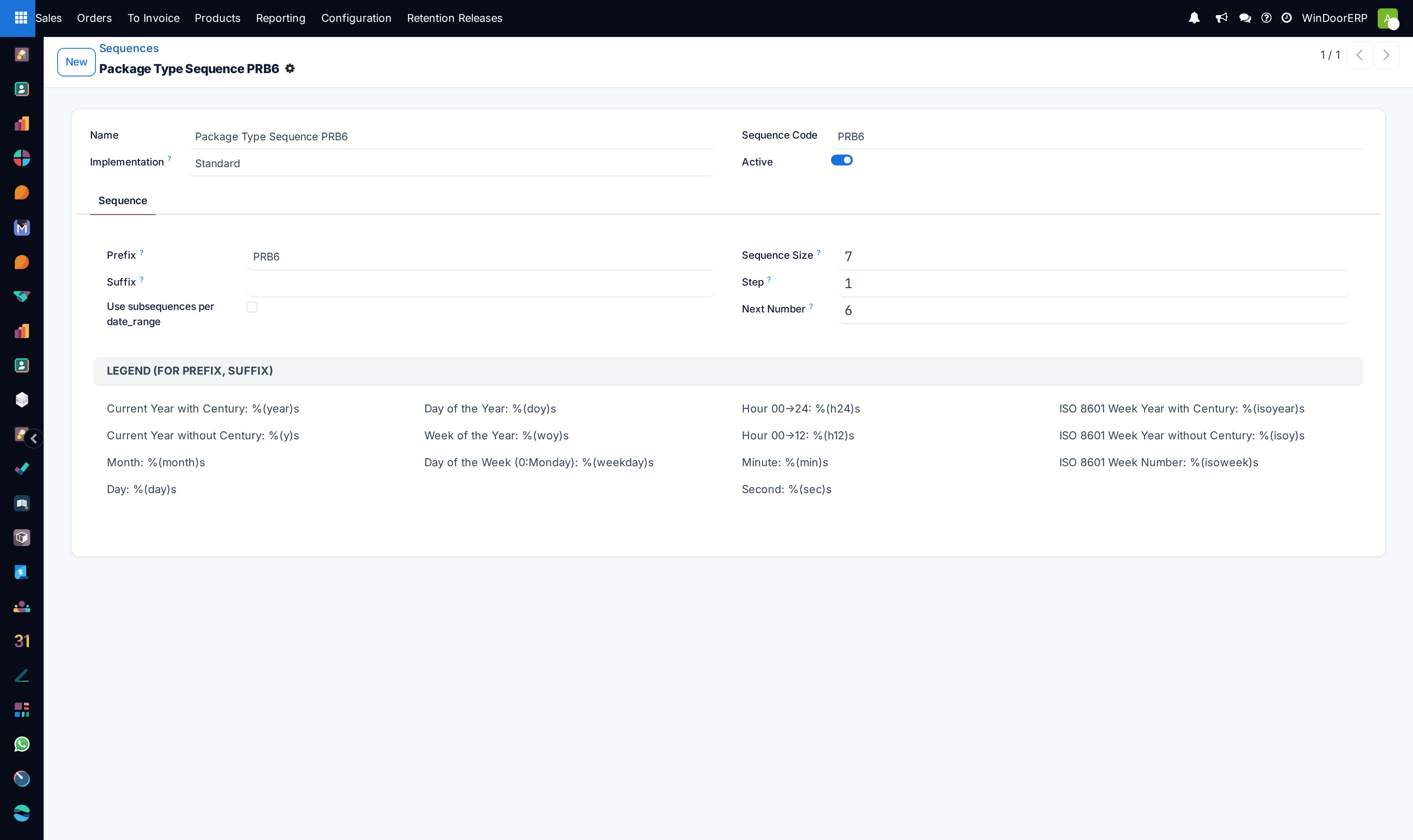 Sequence prefix and padding configuration form