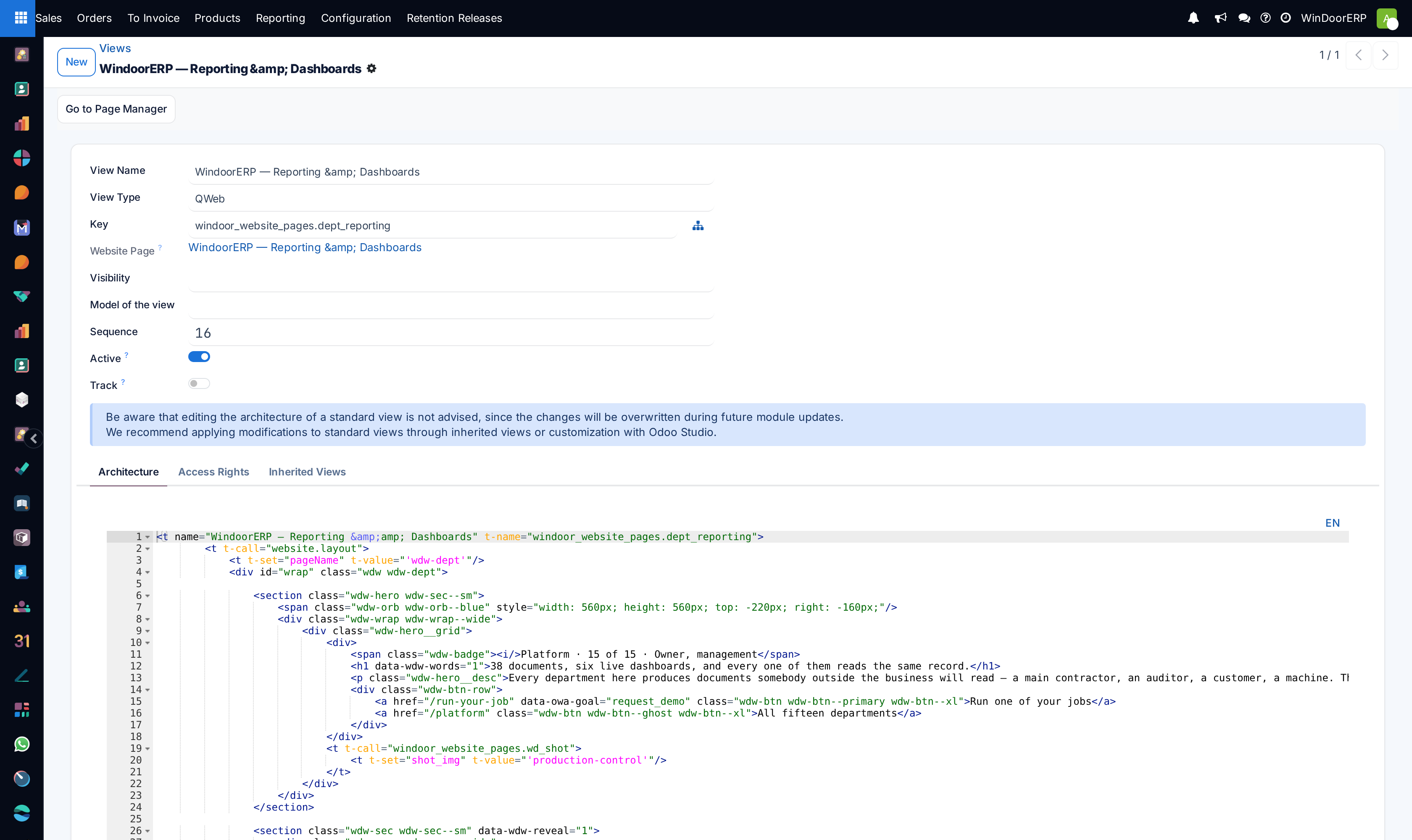 QWeb view XML arch editor