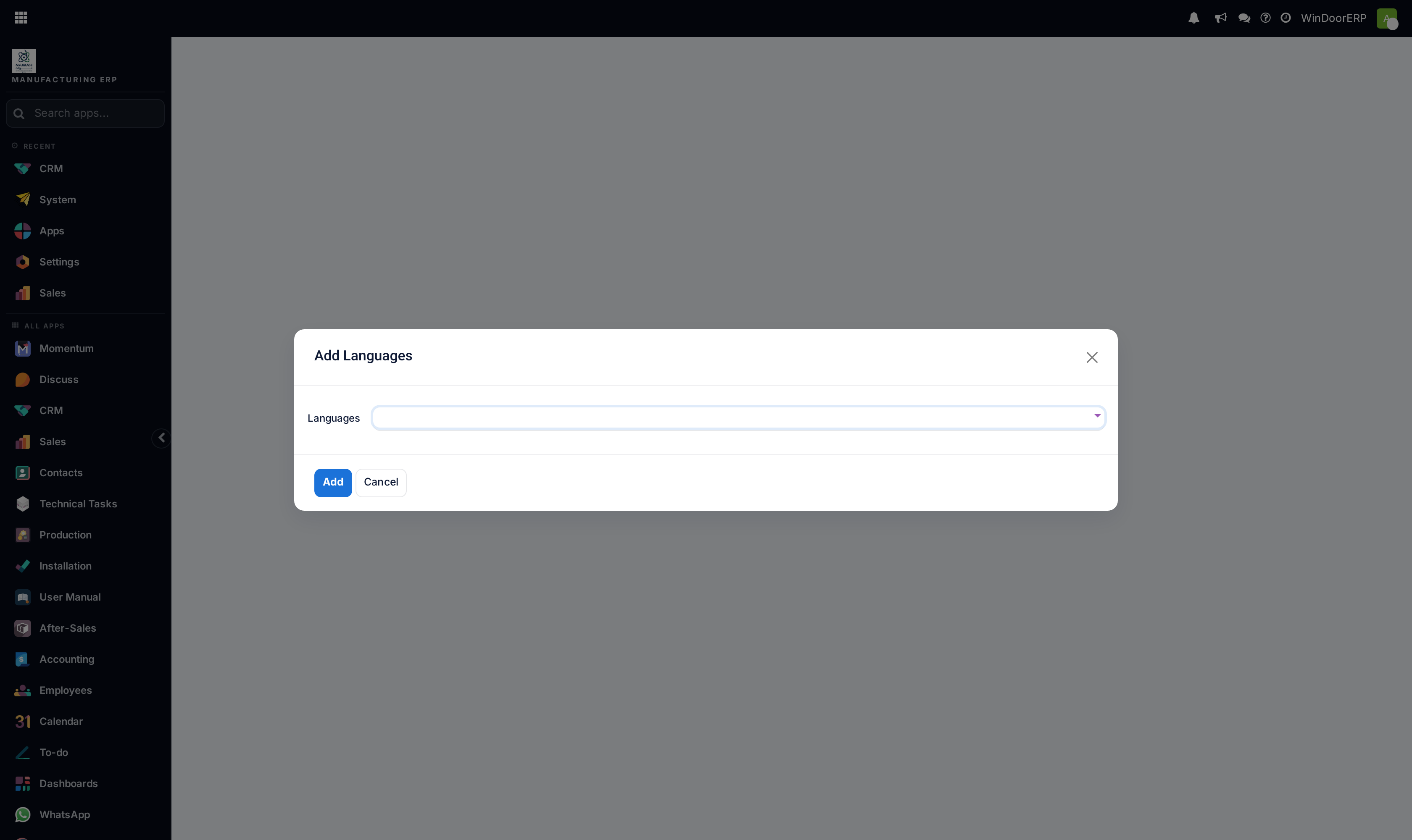 The Add Languages dialog: pick one or more languages and press Add — activating a language loads every installed module's translations for it