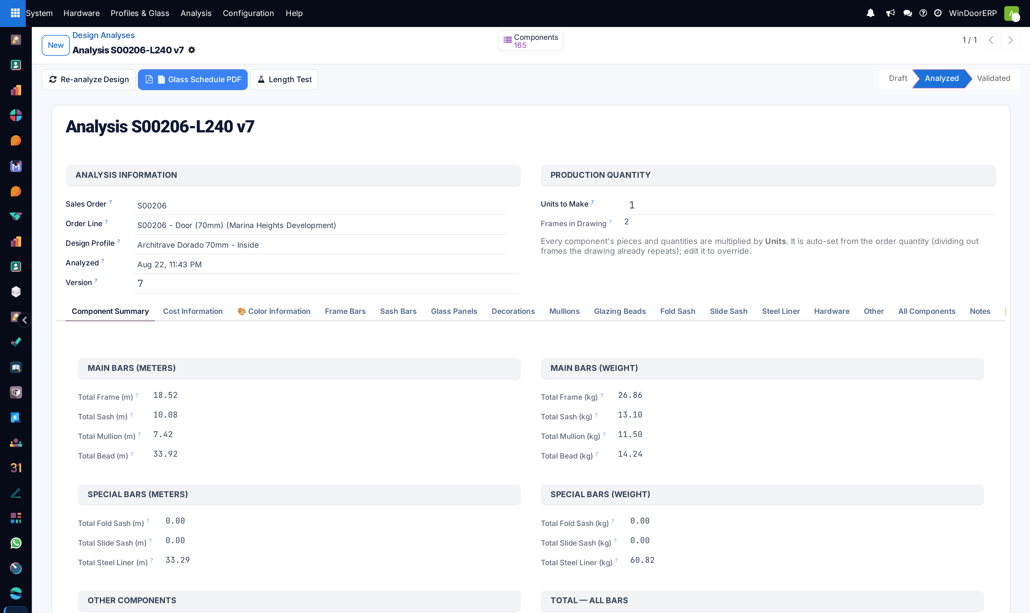Design analysis detail profile with payload debugger and calculated glass/profile matrices