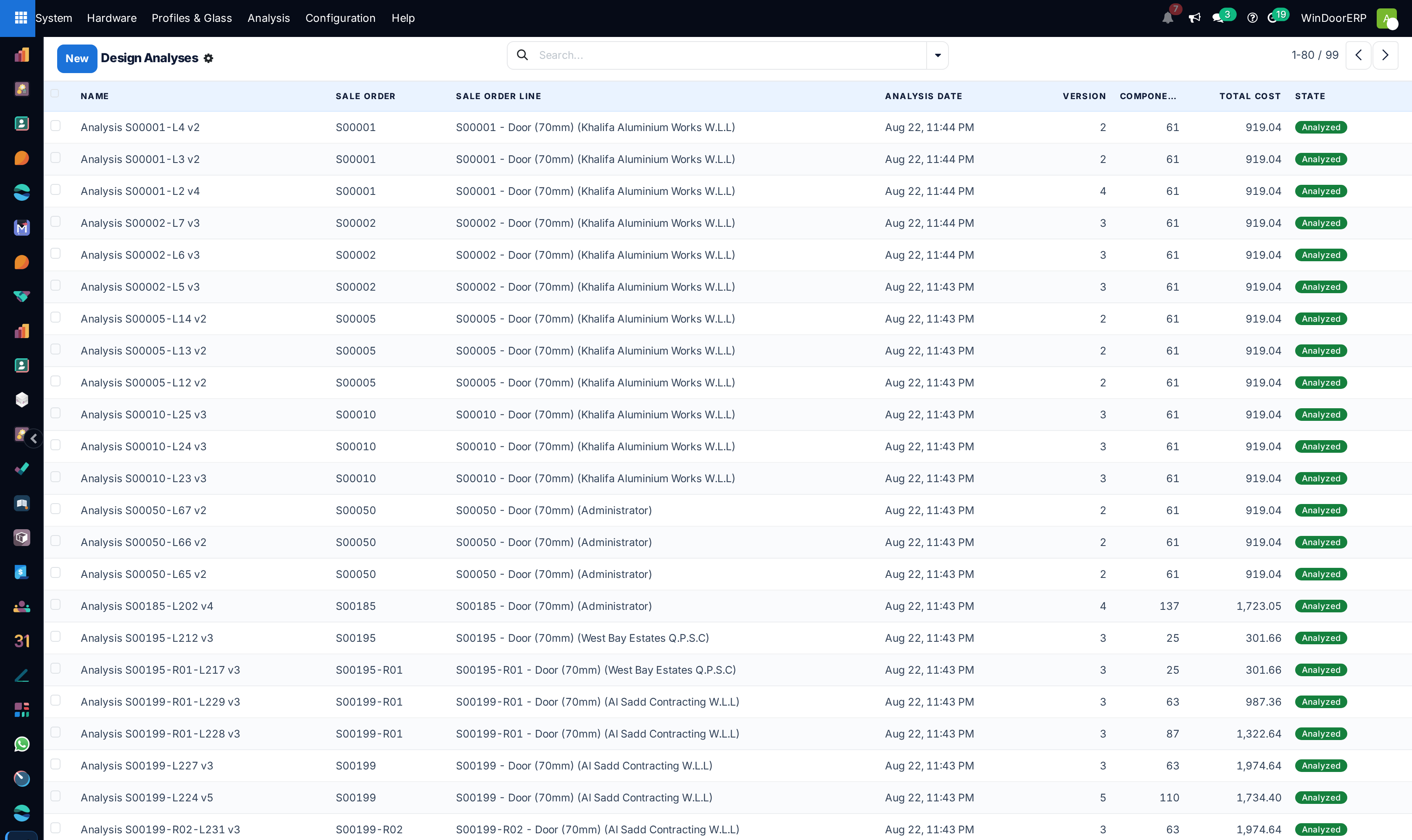CAD design analyses execution registry list showing calculation status and execution times
