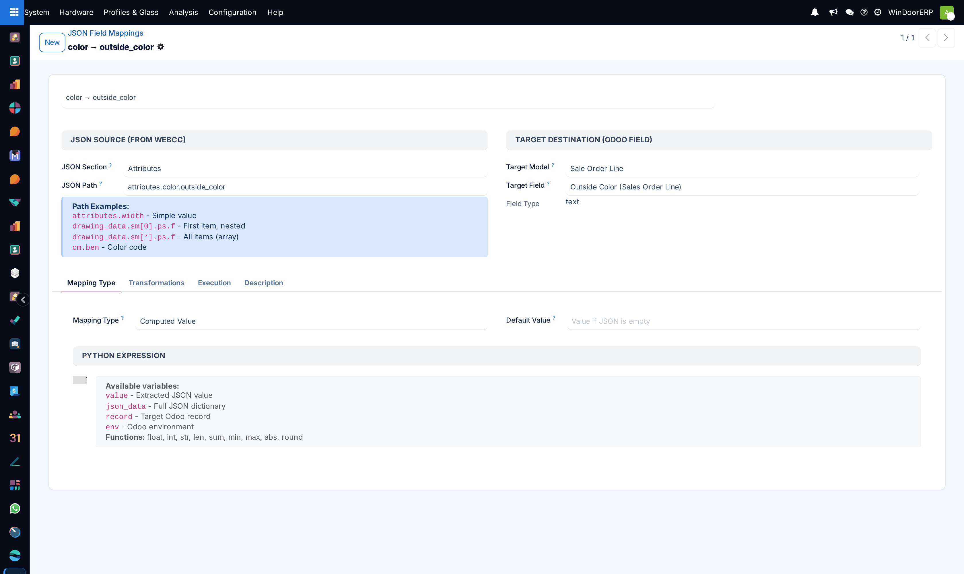 Field mapping transformation rule editor with Python expression evaluator