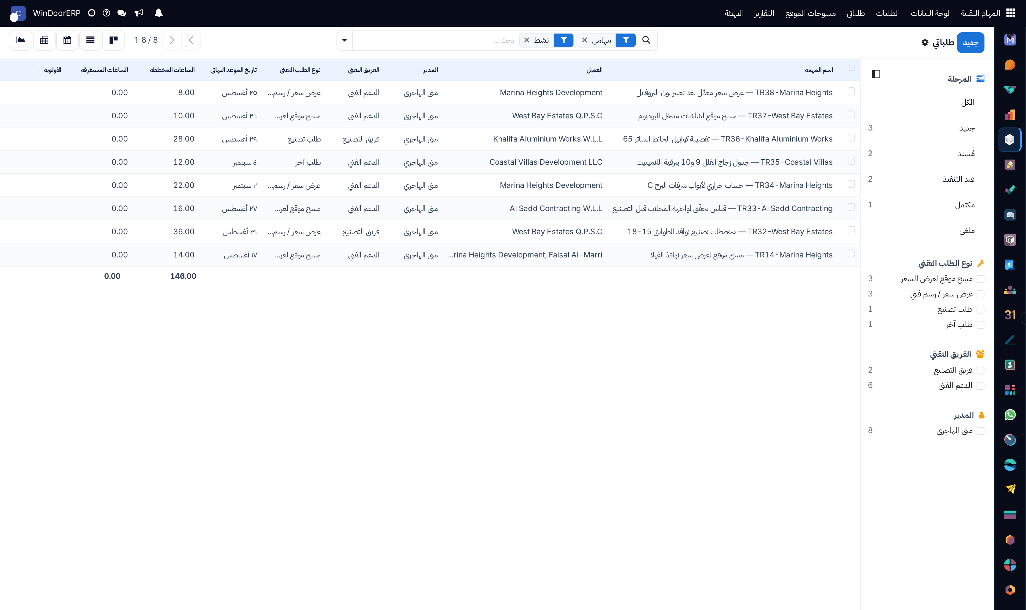 My technical requests personal list showing priority stars, deadlines, and project titles