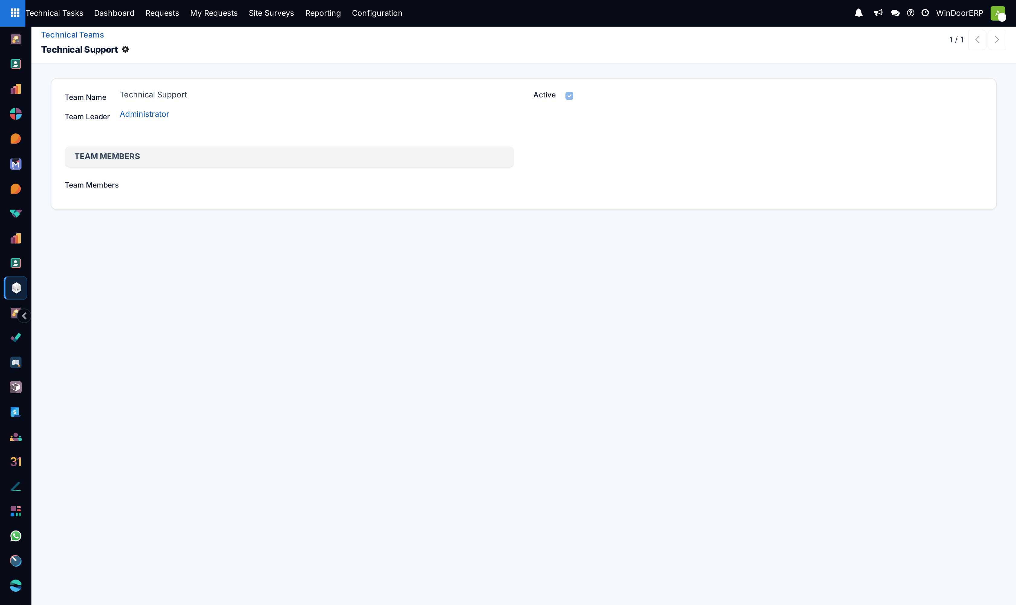 Technical team configuration form with assignment rules and discipline tags