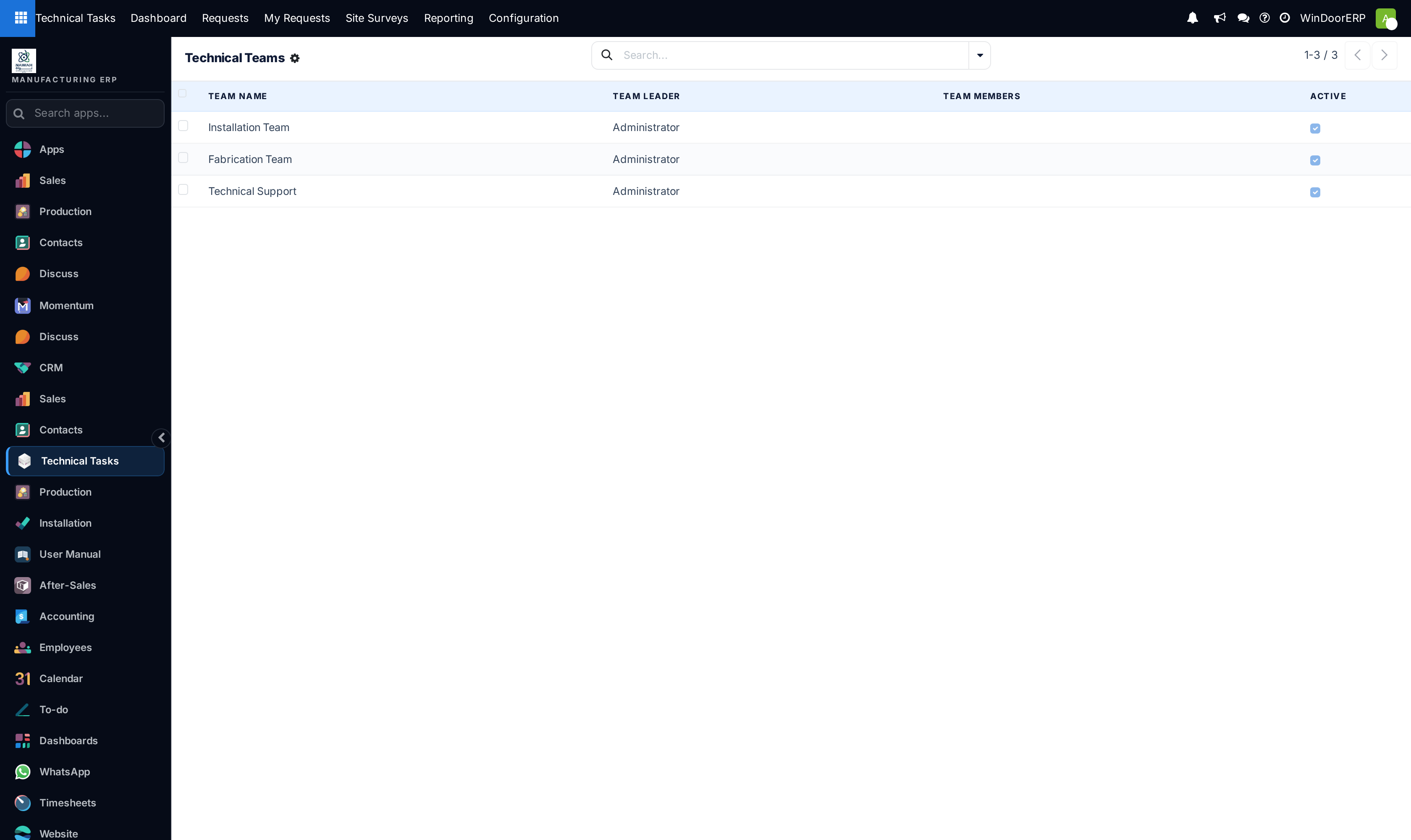 Technical teams list view showing team leaders, members, and capacity quotas