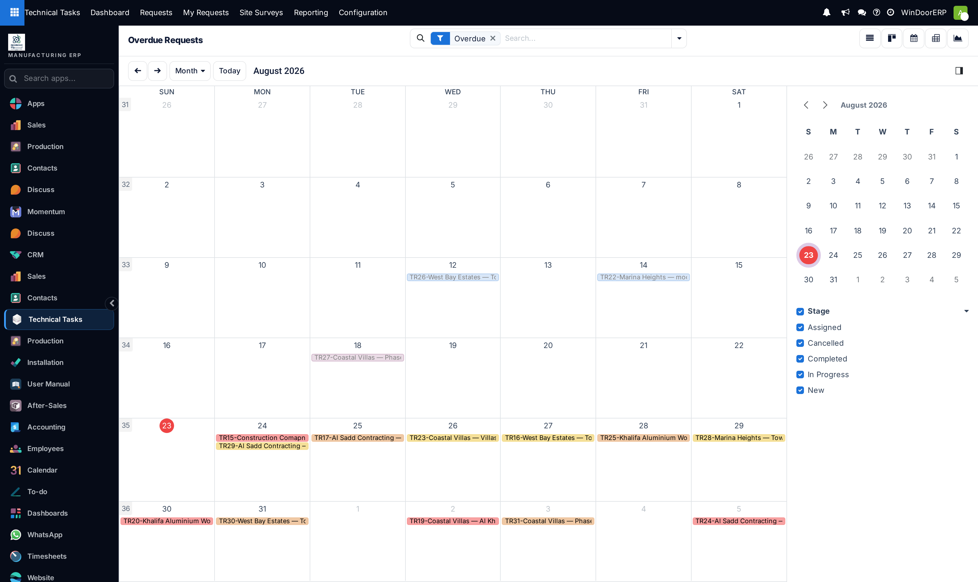 Overdue tasks calendar view displaying missed target completion dates