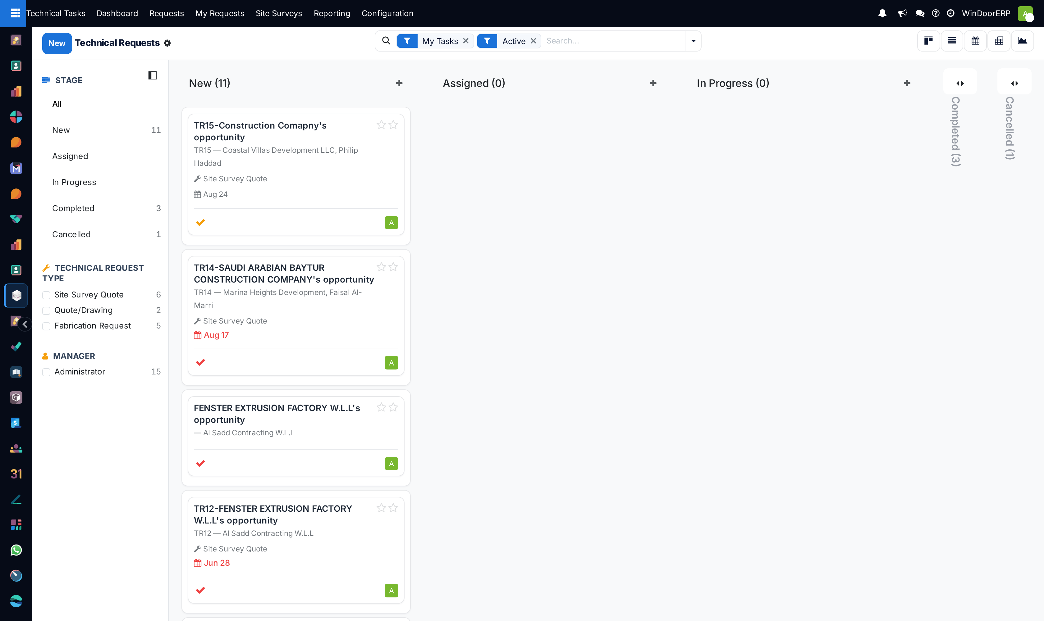 Technical requests kanban board organized by engineering workflow stages