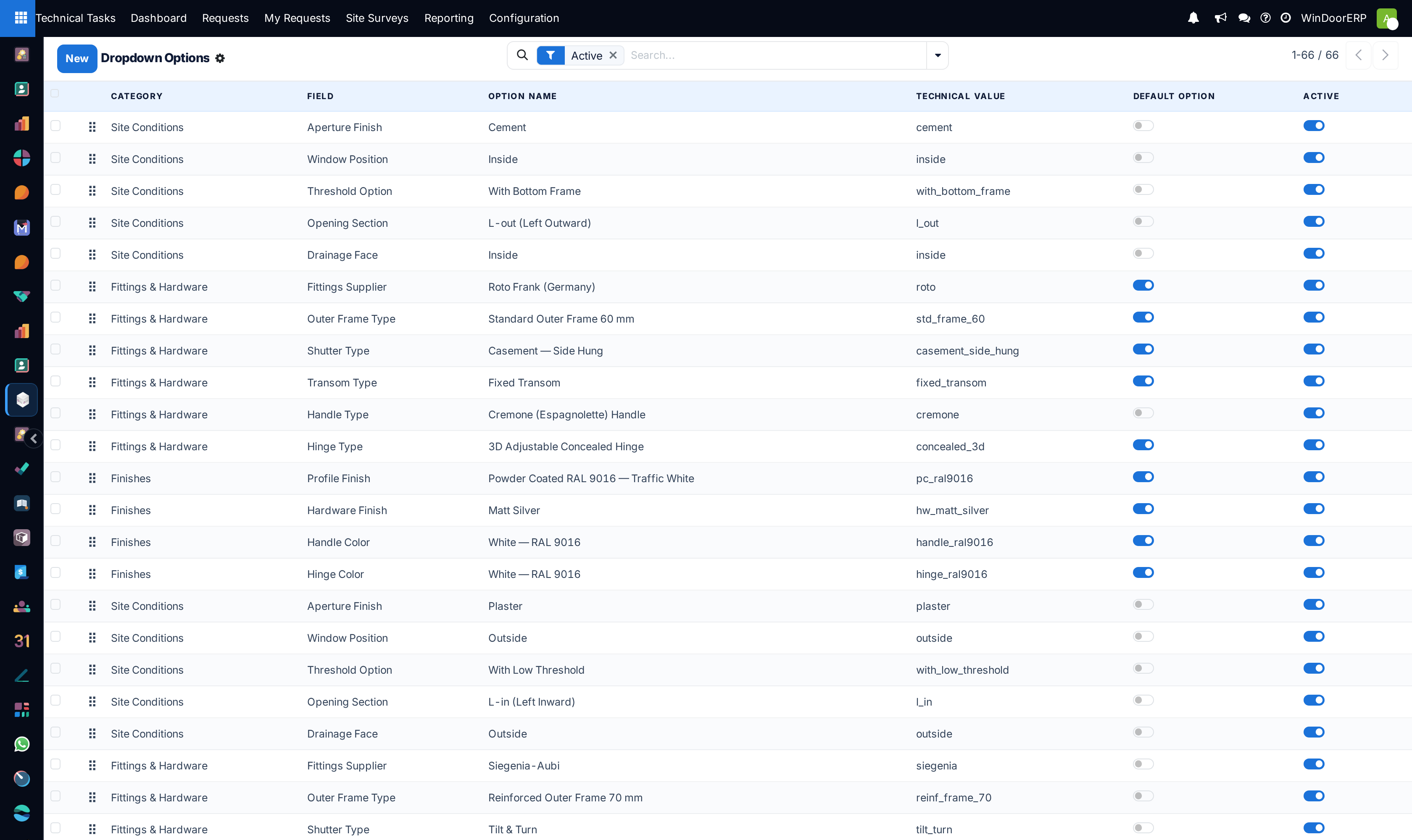 Master dropdown options central registry showing category groups and active items
