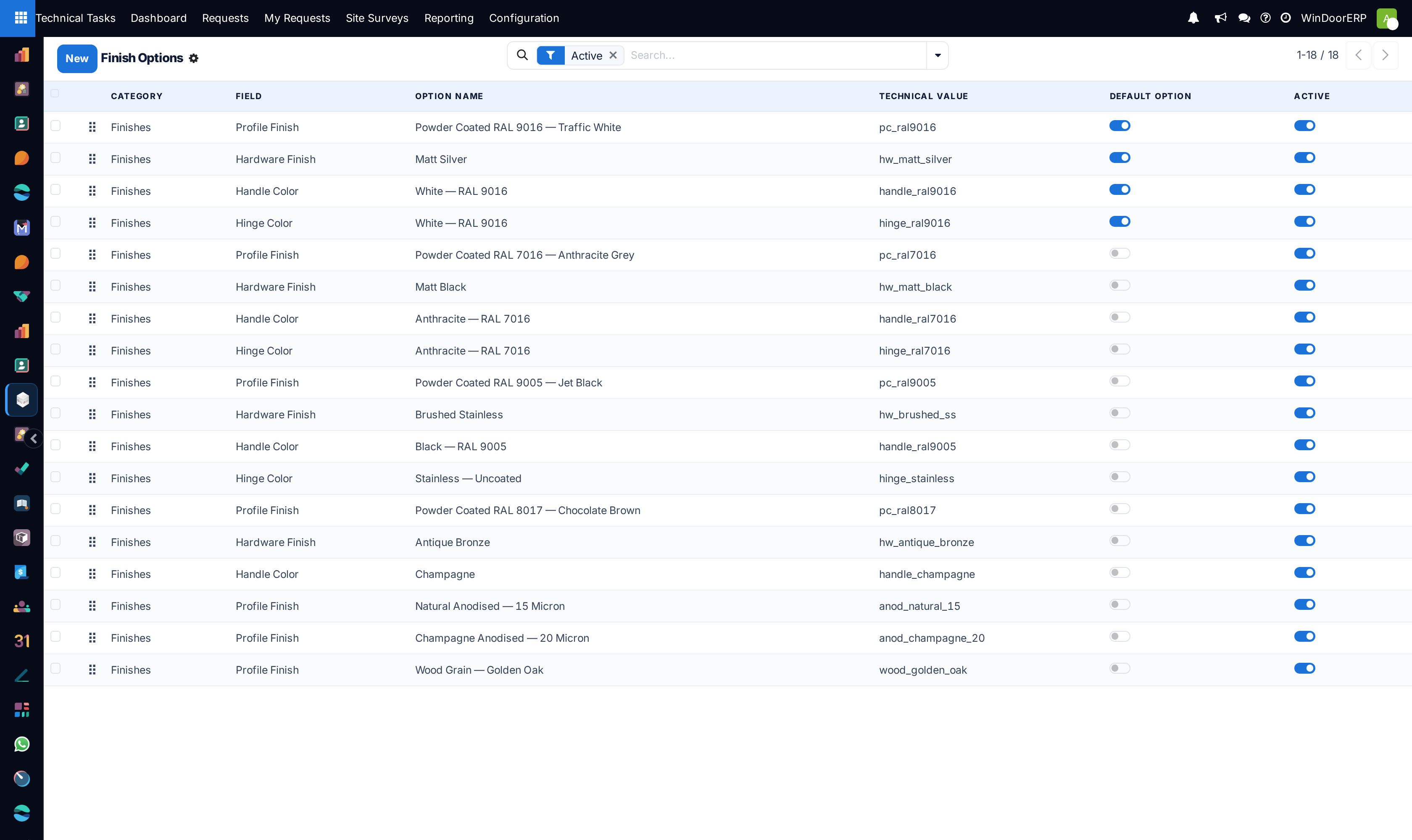 Architectural finishes master dropdown catalog