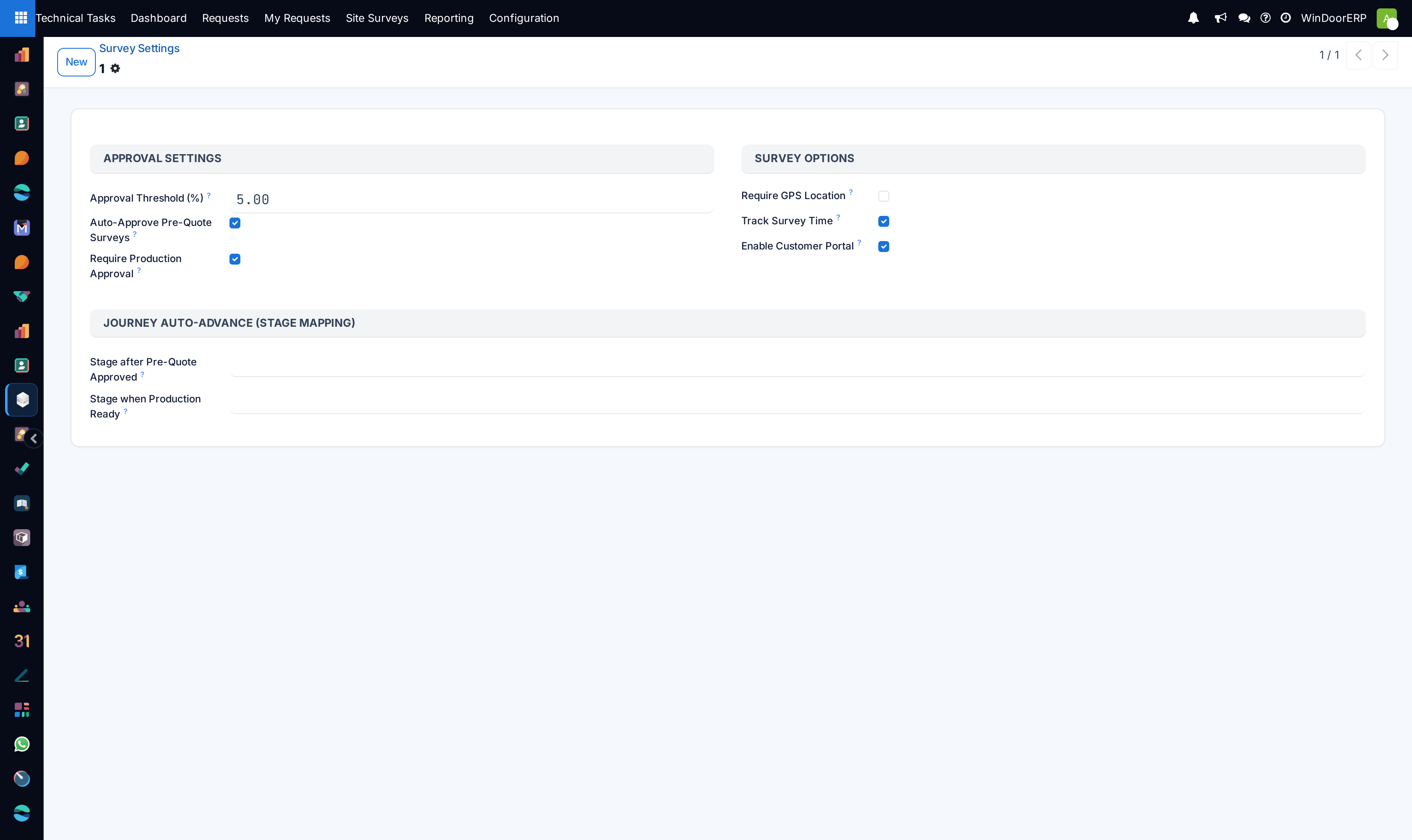 Site survey configuration settings form with GPS accuracy threshold controls